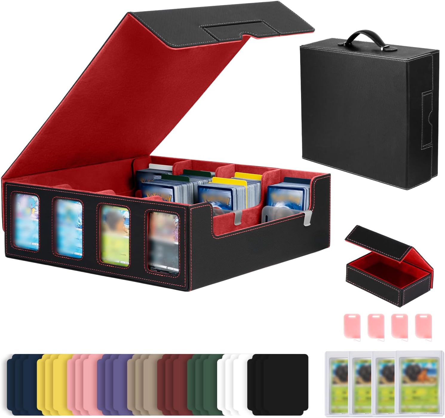 PU Leather Storage Case Fits with Display,3000+ Cards,4-Row Deck Case with Removable Lid,with1Dice tray for dice,24 Colorful Dividers & 4 Card Supporters forTCG Game Cards (Black/Gray)