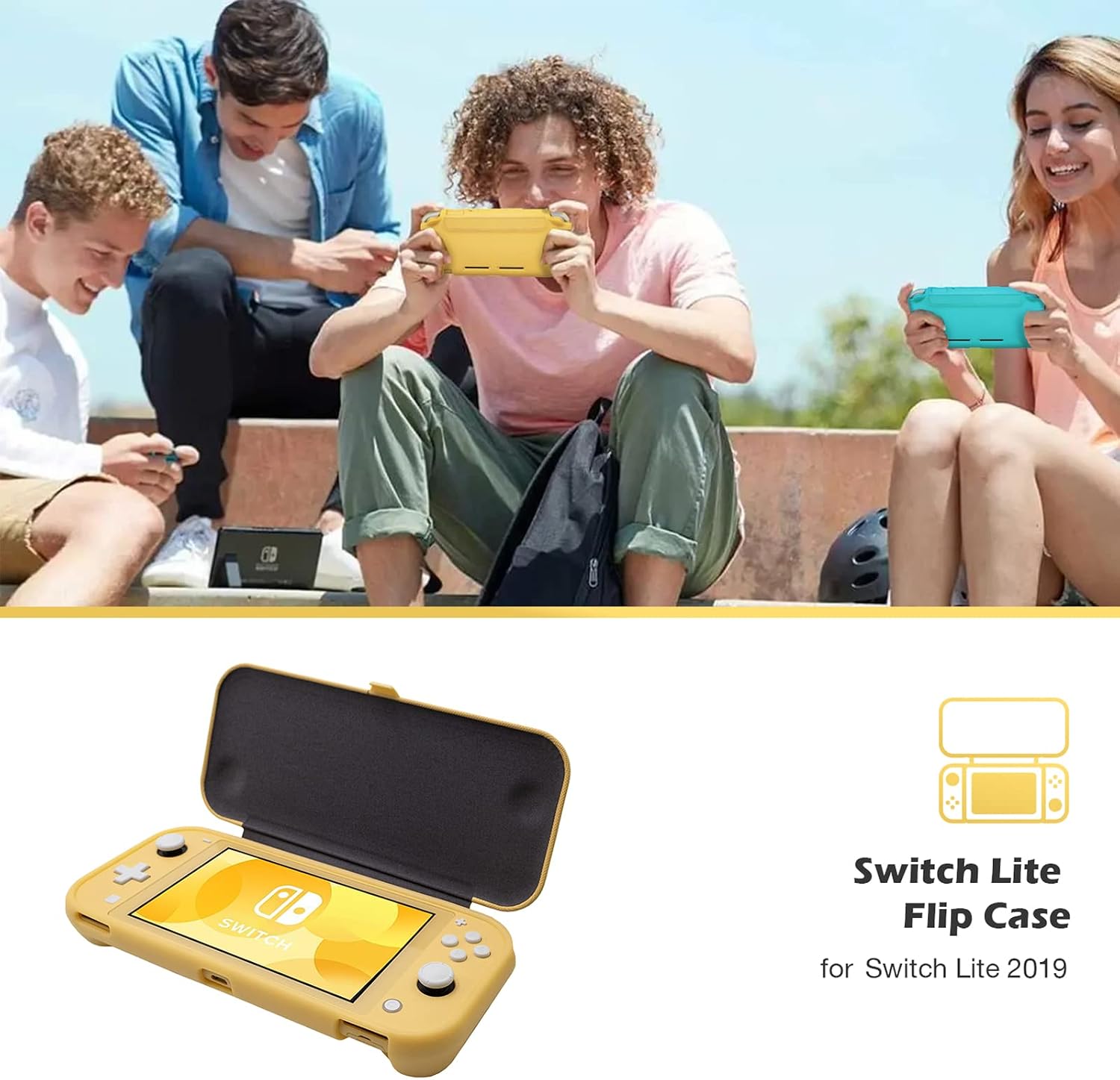 ProCase Flip Cover for Nintendo Switch Lite with 2 Pack Tempered Glass Screen Protectors, Slim Protective Case with Magnetically Detachable Front Cover for Nintendo Switch Lite 2019 -Yellow