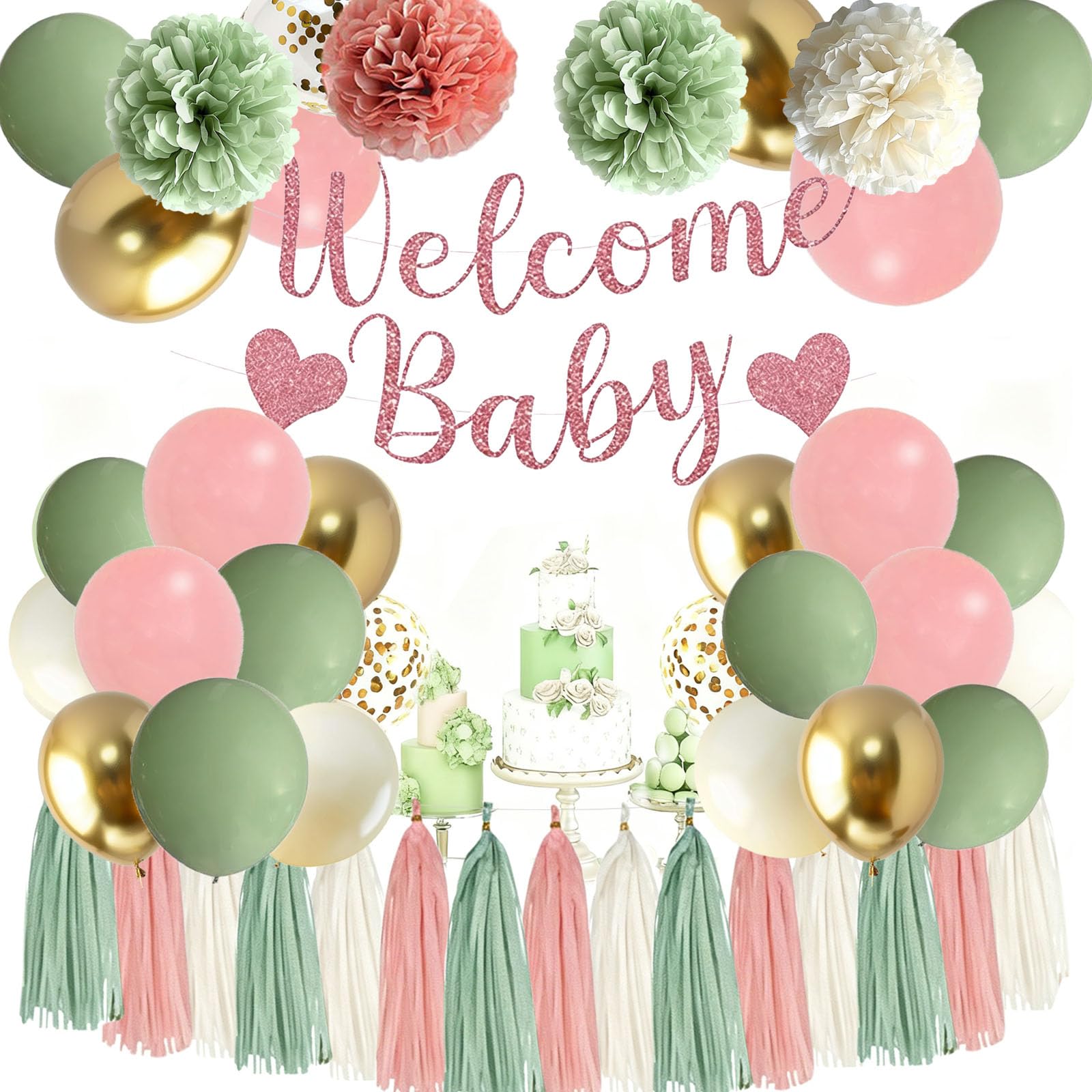 JCitimix Baby in Bloom Decorations, Sage Green and Pink Welcome Baby Shower Decorations with Banner Cake Topper Pom Poms Tassel for Girls Boho Birthday Party Decoration
