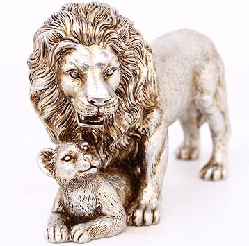 Resin Feng Shui Lion Statue Decorative Mother and Child of Lion Figurine Sculpture Gifts for Women, Silver