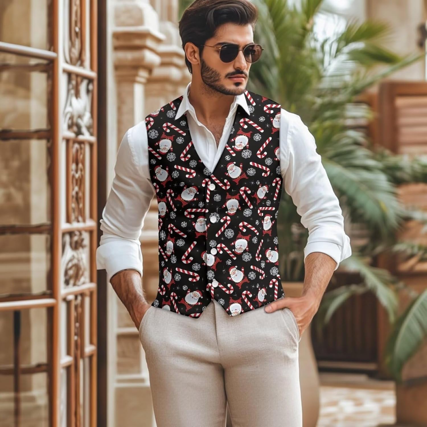 Men Christmas Suit Vest Lightweight Men's Vests for Party Banquet Winter V-Neck Mens Waistcoat with Back Strap