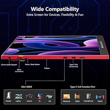 WUAWE Portable Monitor 16 inch Gift for Girls, 1920x1200P FHD 100% sRGB for Drawing & Design, USB C HDMI External Screen Ultra-Thin Metal for Laptop/Mac/Phone/Xbox/PS5(Red)