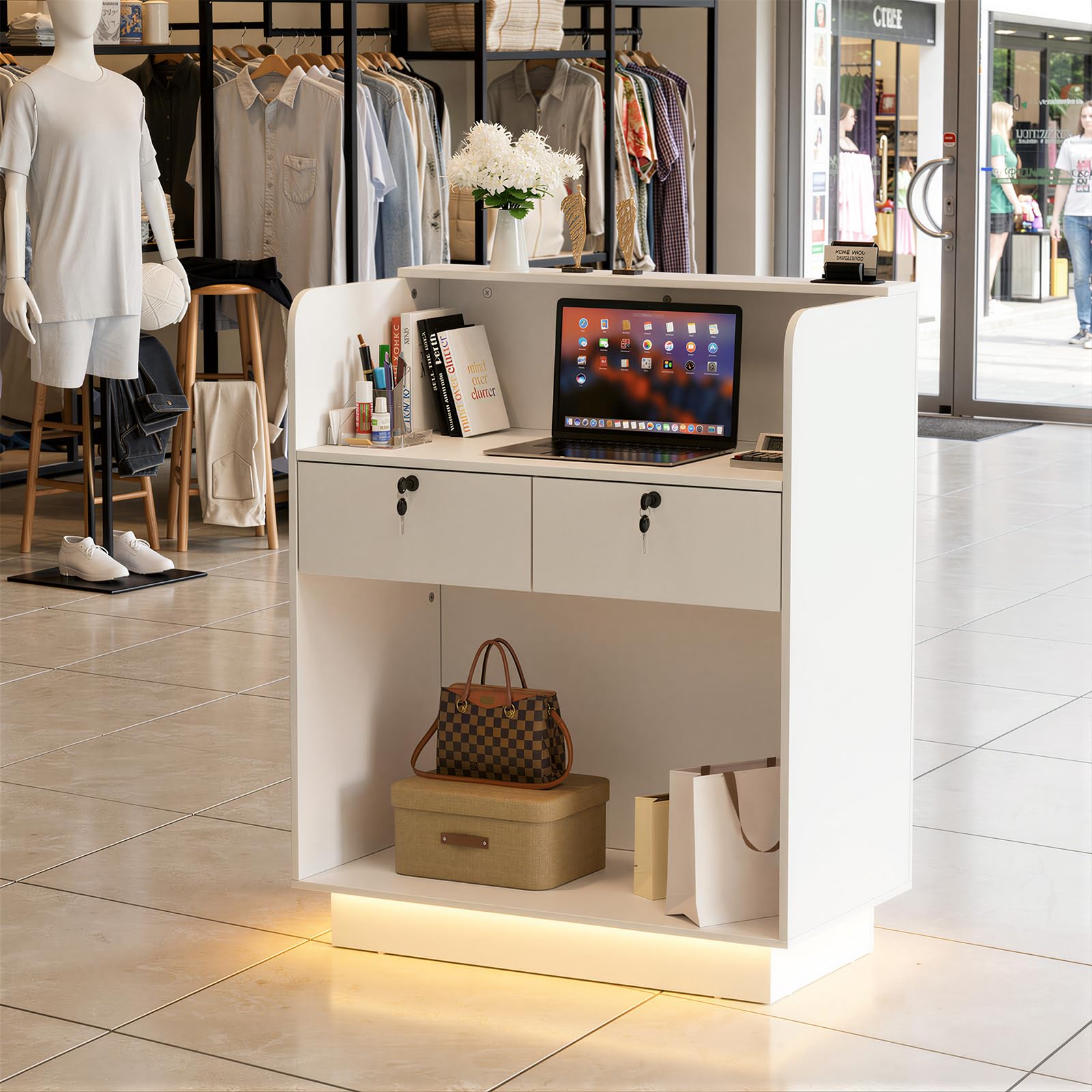 MSFE Mueble Recepción con LED, Mostrador de Recepción Pequeña,Mesa de Oficina con Estantes Ajustables,Cajón con Cerradura,Mostrador de Tienda, Mostrador de Venta,103X80X45cm,para Oficina, cafetería