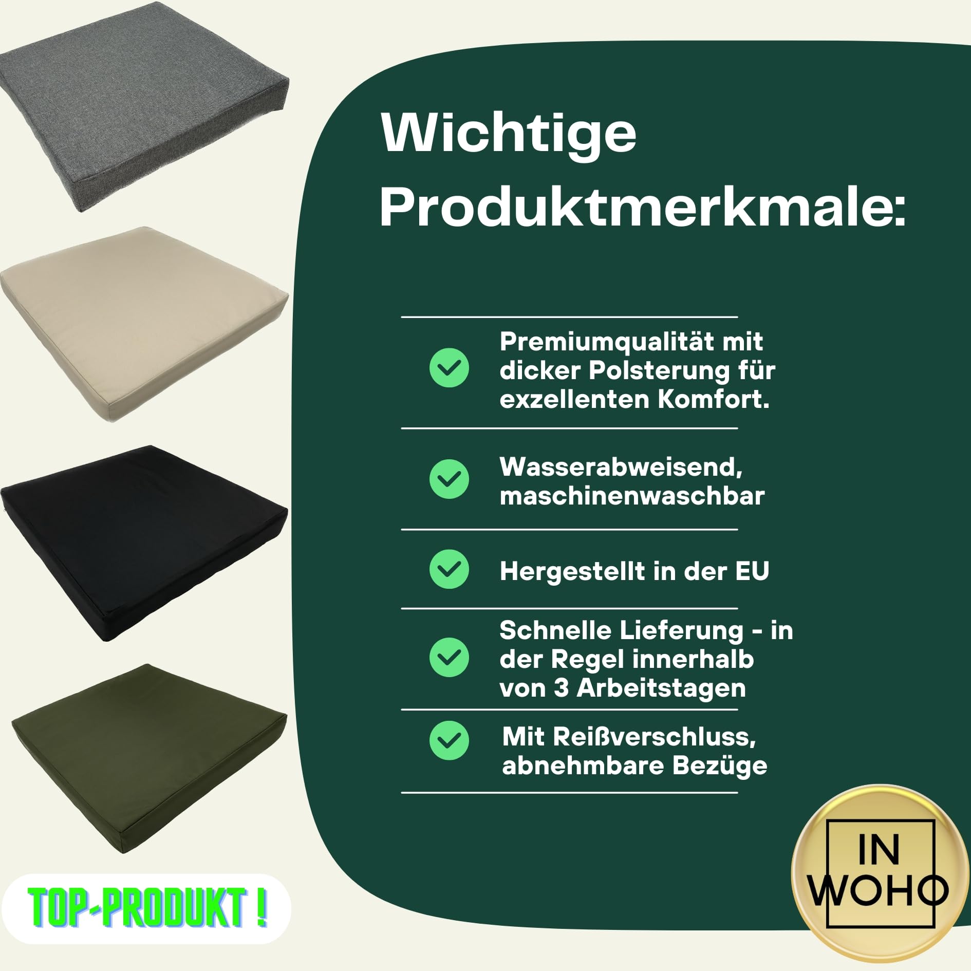 Poduszki na krzesło ogrodowe, poduszka na meble rattanowe, poduszka na ławkę, poduszka do siedzenia, tapicerka – 60 x 60 x 10 cm, grube wypełnienie, z zamkiem błyskawicznym, wodoodporna,