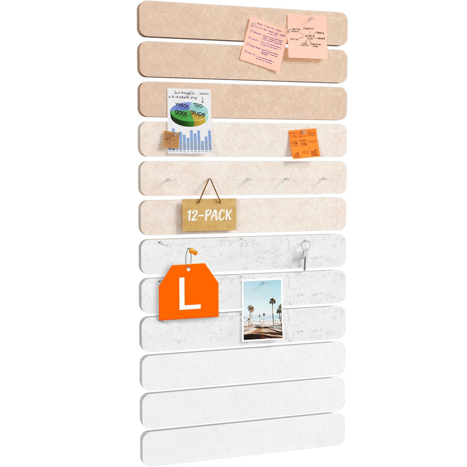 Lifewit Bulletin Board with 60 Pin Set, 12-Pack Cork Board Alternative Felt Strip Board, 33x5 cm, 4-Color Set, Full Self-Adhesive Wall Panel for Decor, for Office, Dorm, Home, Stone Beige