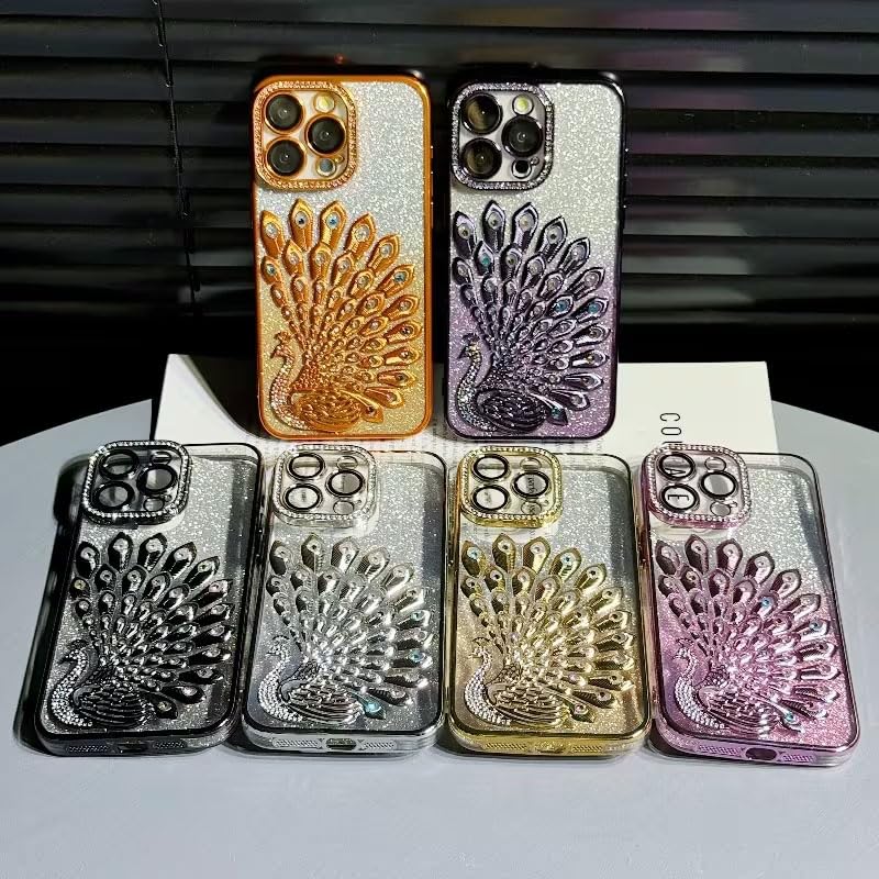 Image of mobistyle Case for iPhone 15 Pro,3D Diamond Luxury Electroplate Glitter Peacock Tail Bling Design Camera Protection Shockproof Phone Case for (Gold, iPhone 15 Pro)