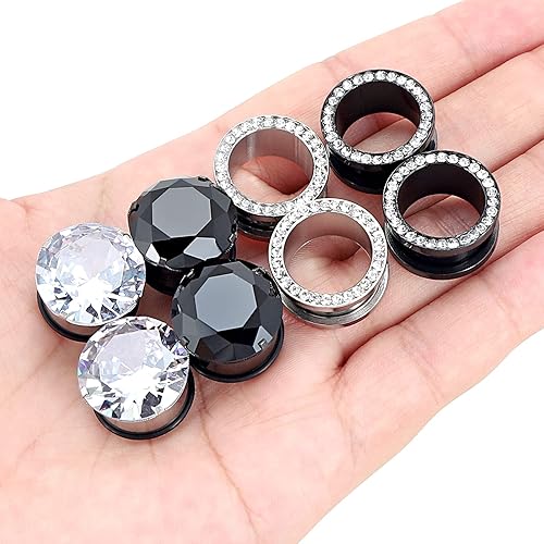 Miniatura 2 de Qmcandy - Piercings tipo túnel de acero inoxidable con rosca para oreja y una fila simple de gemas, calibre 8G - 1 pulgada, 812 piezas