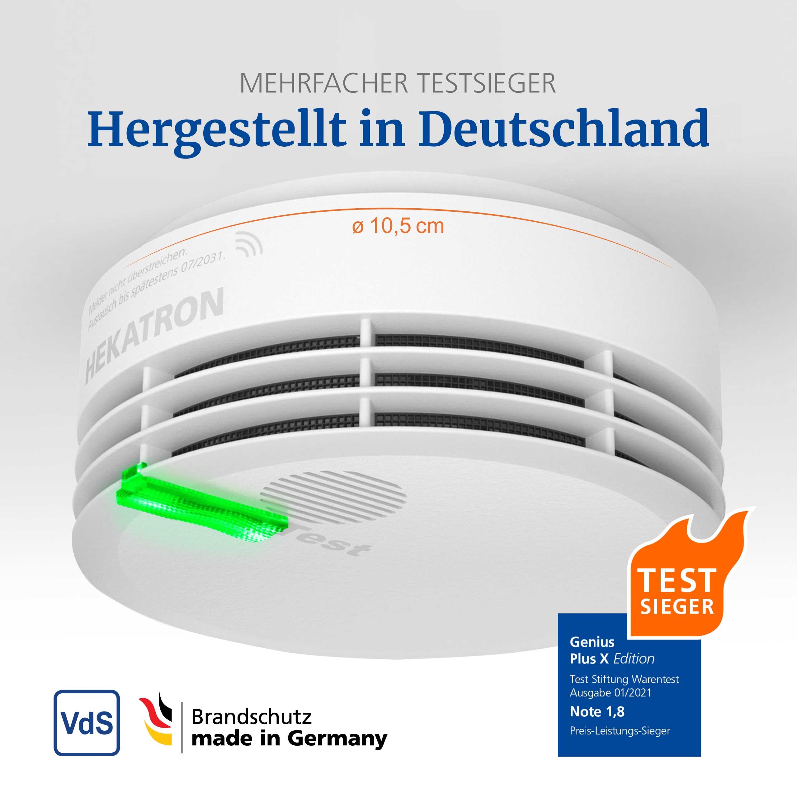 Hekatron Rauchmelder Genius PLUS X – Edition 2021 - Optional funk-vernetzbarer Brandmelder – Rauchwarnmelder mit 10 Jahre-Batterie, LED mehrfarbig & App-Unterstützt, Amazon Exclusive - 1 Stück