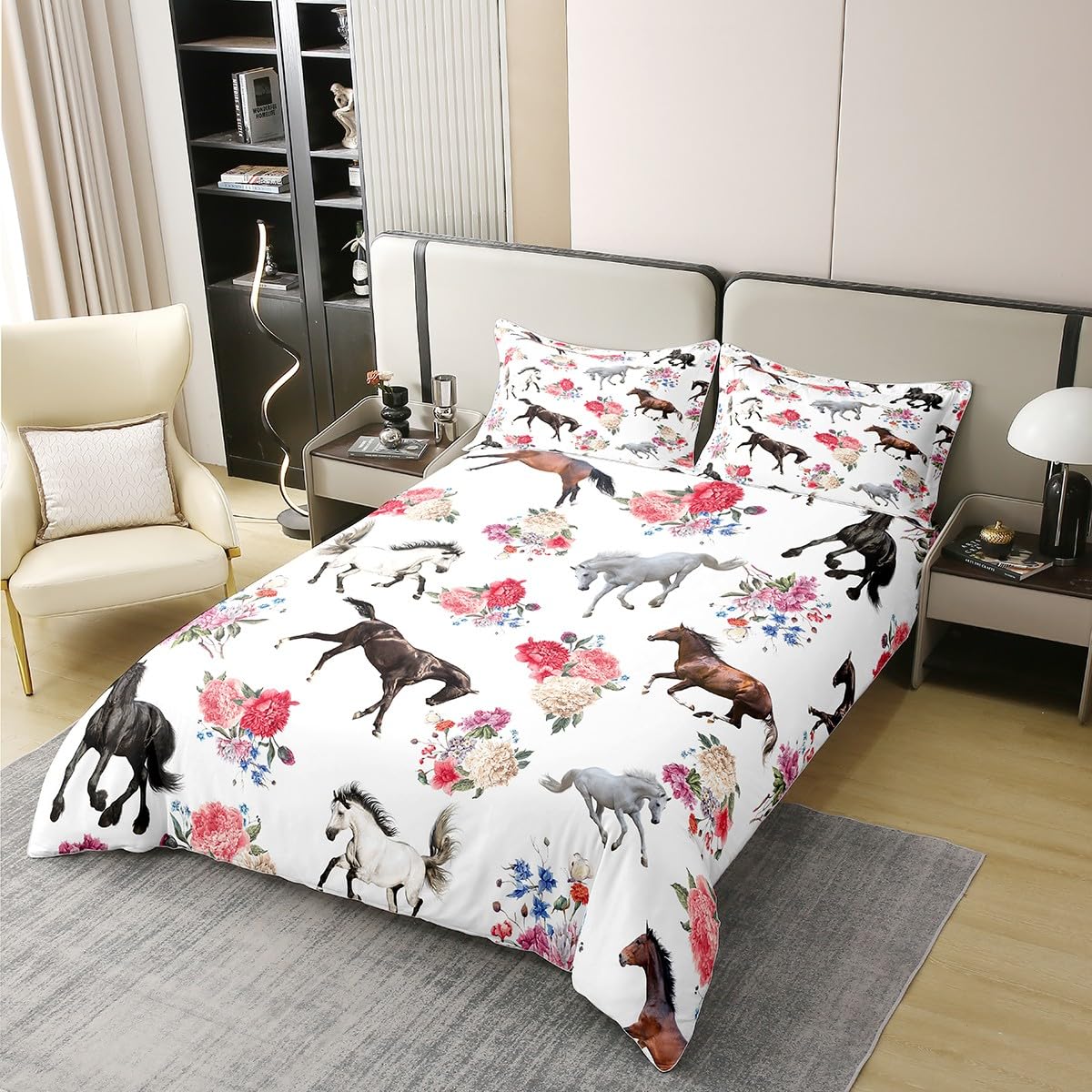 Homewish Horse 100% Cotton Duvet Cover King,Romantic Floral Comforter Cover,Farmhouse Western Cowboy Bedding Set,Rustic Farm Aniamls Bedspread Cover,Cartoon Horse Flowers Quilt Cover - Image 3