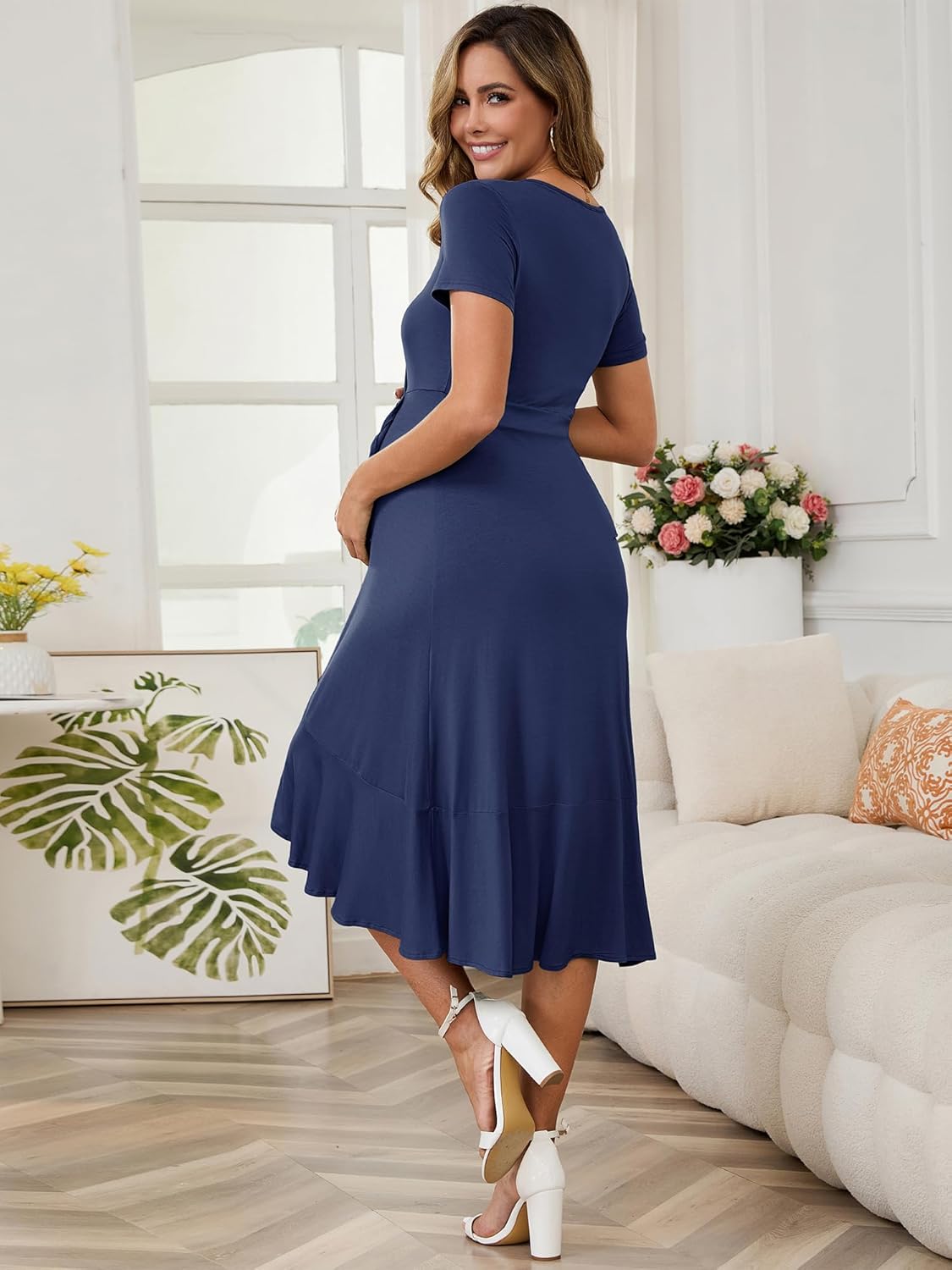 Women's Maternity Dress Semi Formal Work Wrap V Neck Pleated Ruffle Summer Pregnancy Dresses for Wedding Guest