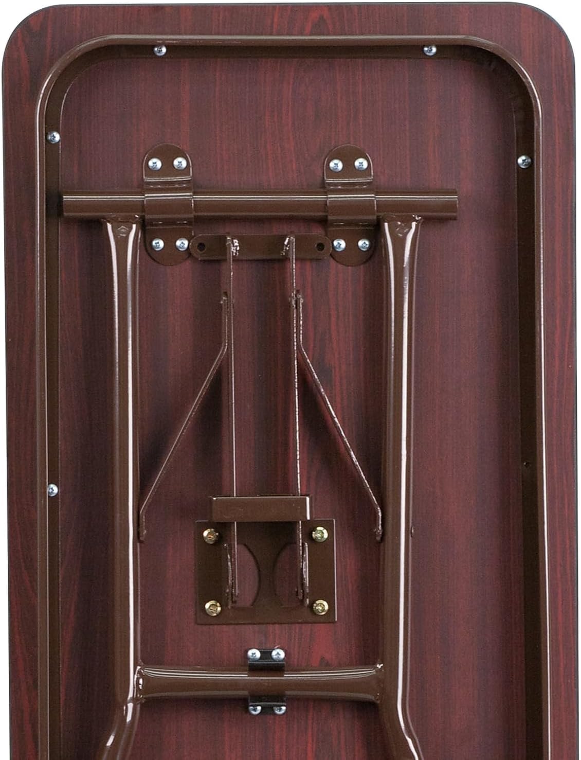 BOWERY HILL 18" x 60" Folding Table, Mahogany Finish, Rectangular Wood Top, 0.75" Thick Melamine Laminate, Training Style Table, Brown Powder Coated Pedestal Legs, Space-Saving Design for Classroom