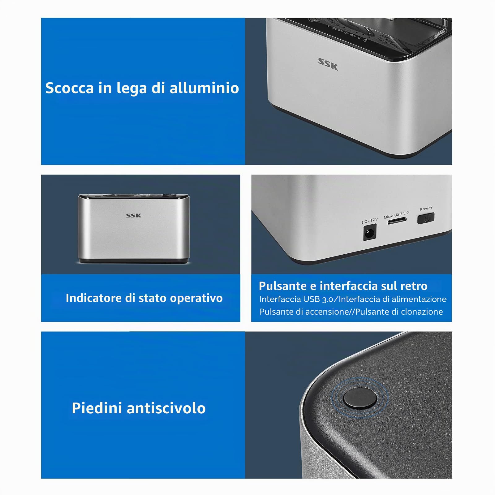 SSK docking station per disco rigido in alluminio, USB 3.0 a SATA Dual Bay per SSD SATA HDD da 2,5 e 3,5 pollici, con funzione cloner/duplicatore offline UASP (supporti 2x20TB)