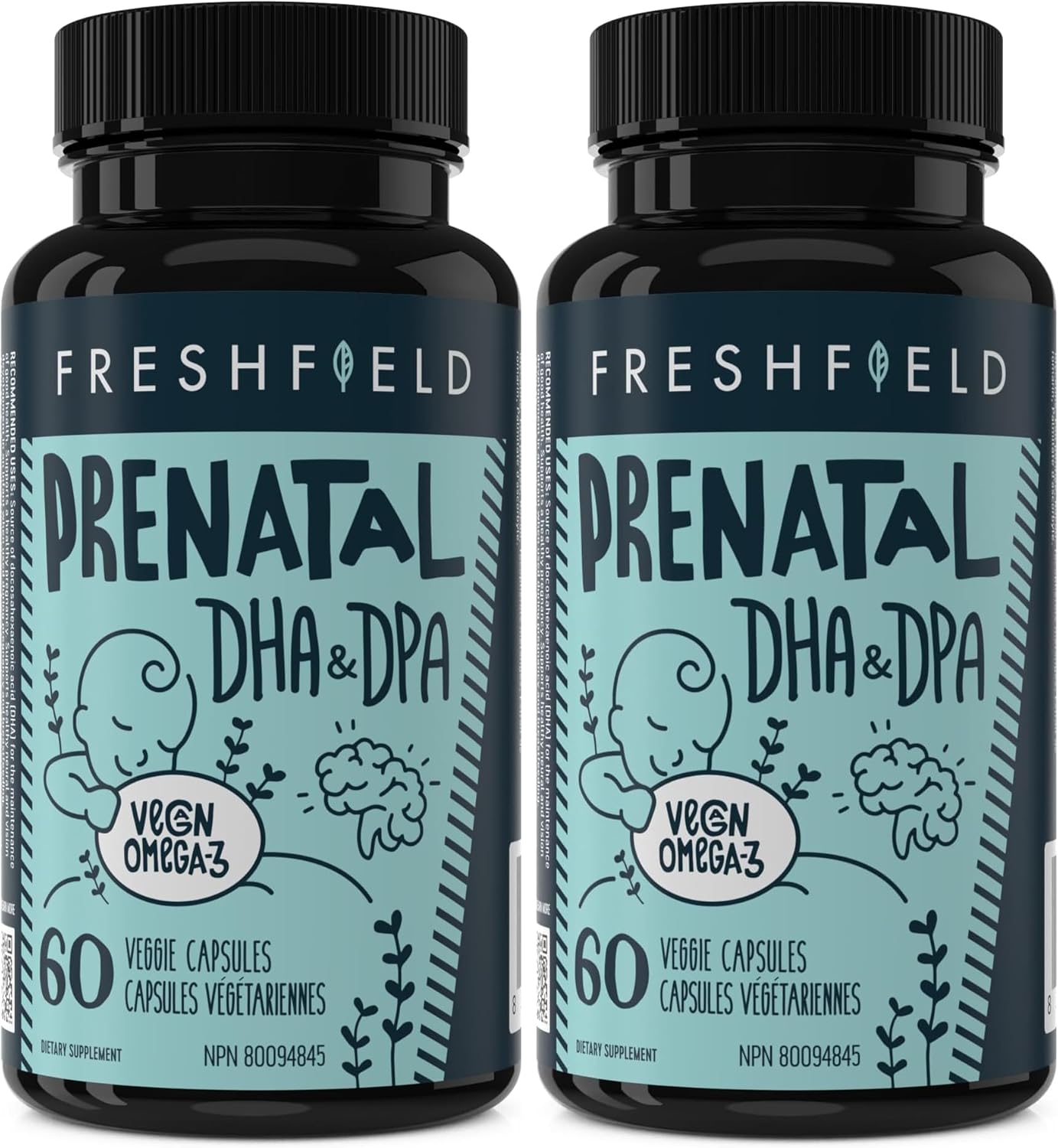 Freshfield Prenatal Vegan Omega 3 DHA: Sustainable, Carrageenan Free, Third Party Tested, Compostable Bottle, Carbon Neutral. Supports Heart, Brain, Joint Health w/DPA (Pack of 2)