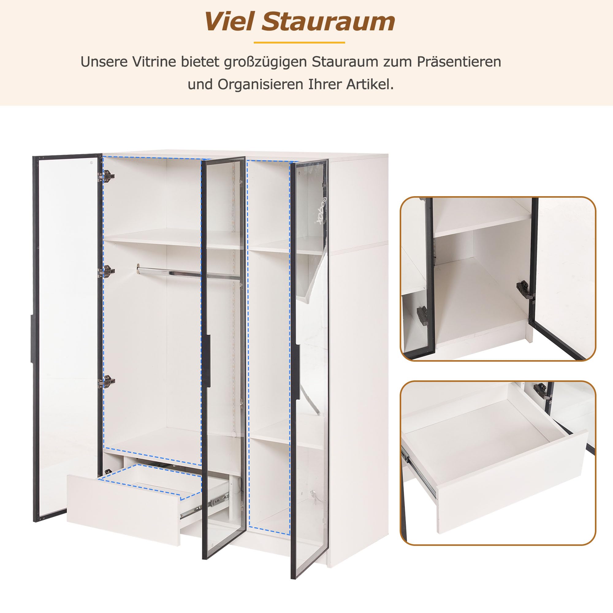 Merax Kleiderschrank 3-türig mit viel Stauraum, weißer Garderobenschrank mit LED, 3 Glastüren, 1 Schublade und 1 Kleiderstange, Vielseitiger Drehtürenschrank für Schlafzimmer, 110x160x50cm (B/H/T)