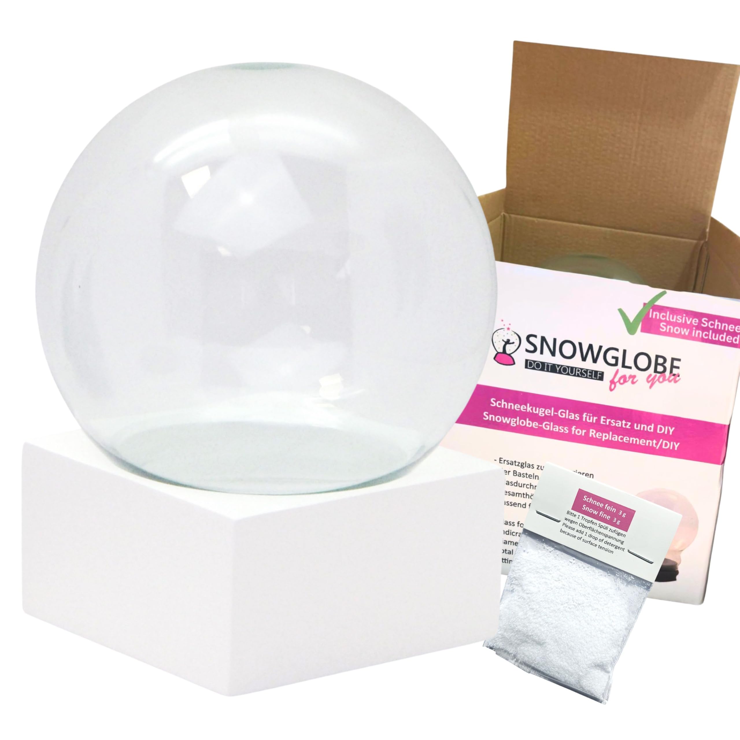 Juego de manualidades DIY Bola de nieve | Do it Yourself con bola de cristal y base de poliresina blanca cuadrada con 1 x nieve | 120 mm de diámetro – bola de agitación individual | Bola de purpurina