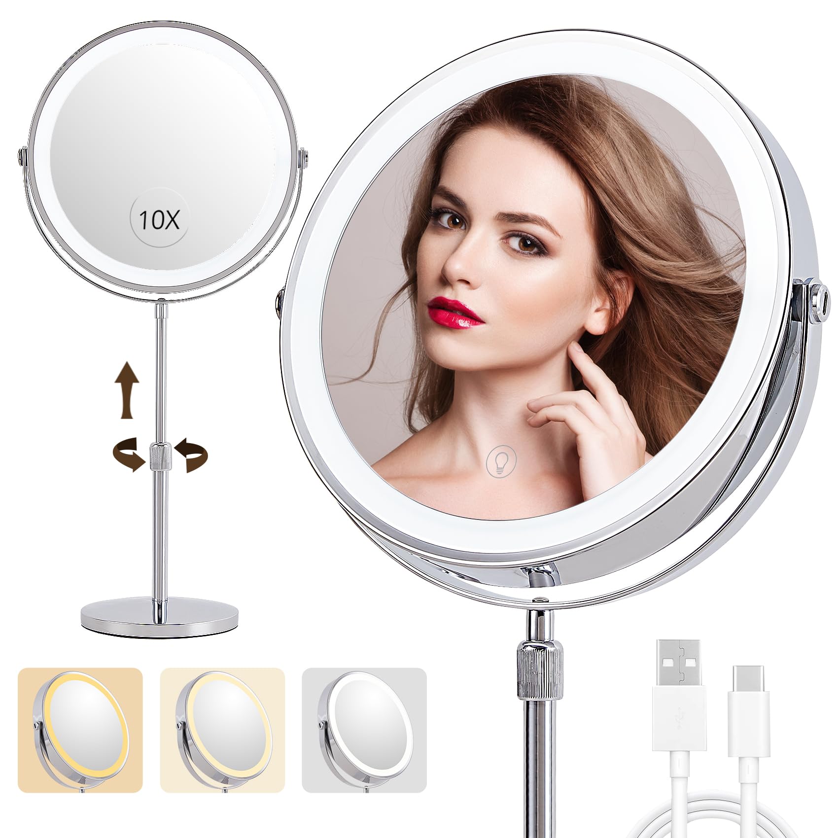 Espejo de maquillaje iluminado de 9 pulgadas, espejo de tocador con luces, 3000 mAh recargable de altura ajustable, espejo de aumento de 1x/10x con 3 colores, brillo ajustable, rotación de 360°