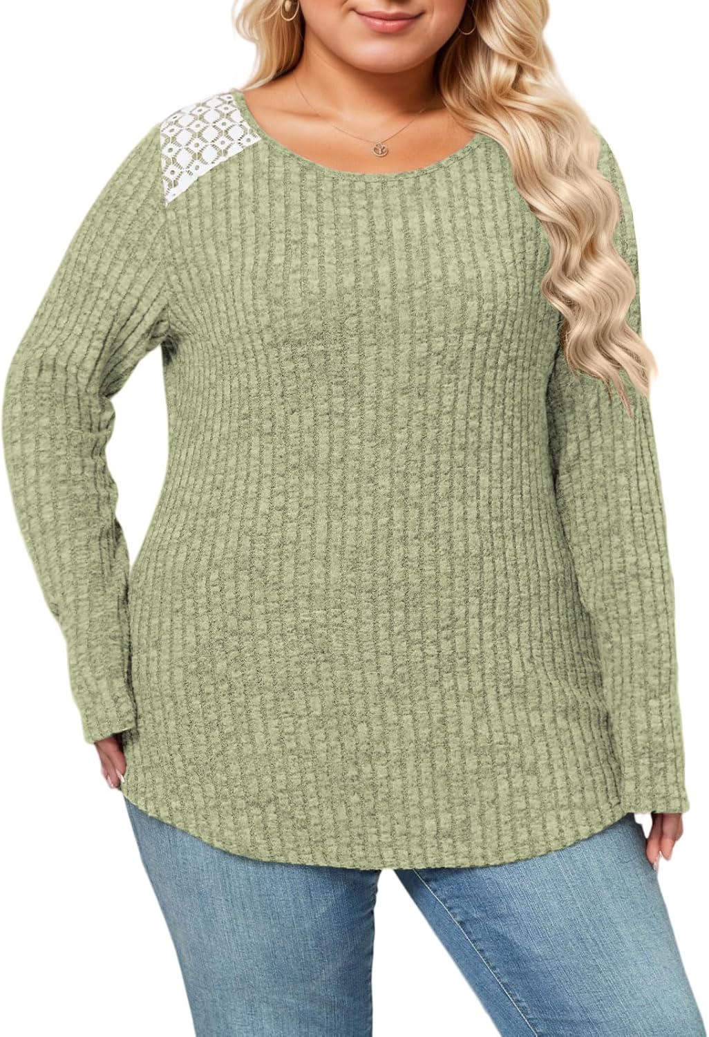 ROSRISS Plus-Size Sweaters for Women Casual Lace Ribbed Knit Pullover Tops Trendy Soft Long Sleeve Crew Neck Shirts XL-5XL - Image 3