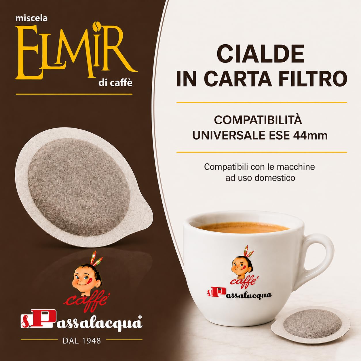 Passalacqua Caffè Premium – Elmir 300 Cialde ESE 44mm (due confezioni da 150) – Tostatura Autentica Napoletana Miscela 30% Arabica – Intenso e Cremoso con Note di Cioccolato – Made in Italy