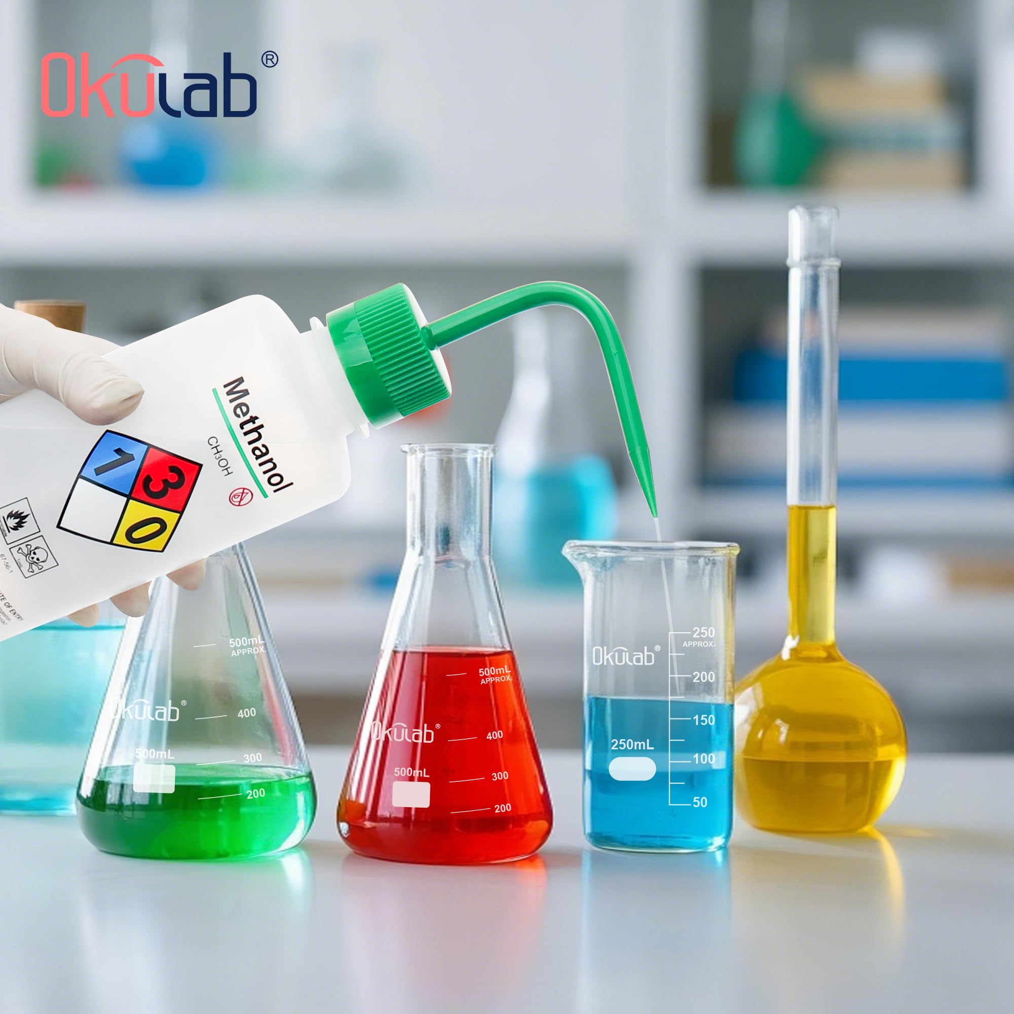 6 botellas de lavado de agua de seguridad, vol.500 ml, botella de chorro de metanol con boca estrecha para laboratorio WBM500A6
