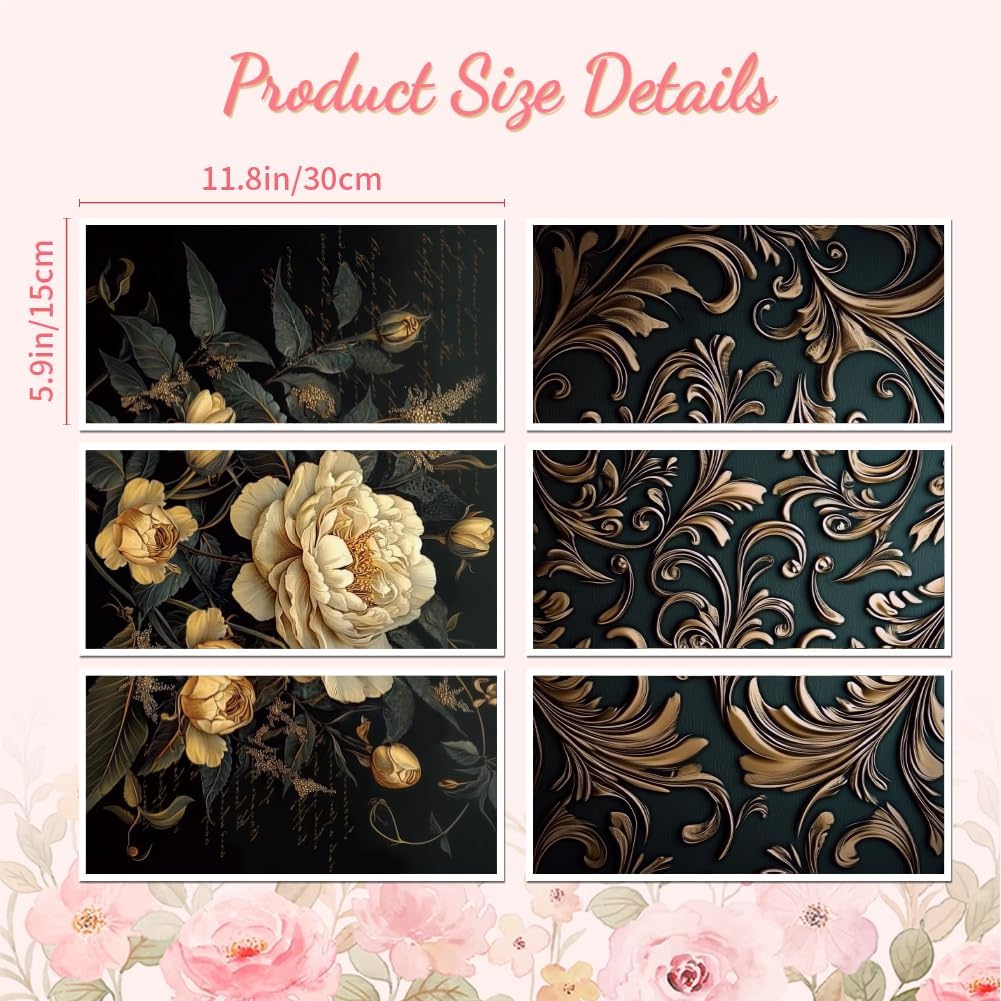 Peacoblue Rub on Transfer Decal Sticker for Furniture Craft Decor 6"x12" Retro Flowers and Texture, 6Pcs Waterproof UV DTF Transfer for Drawer Dresser Glass Porcelain Wood Plastic Window