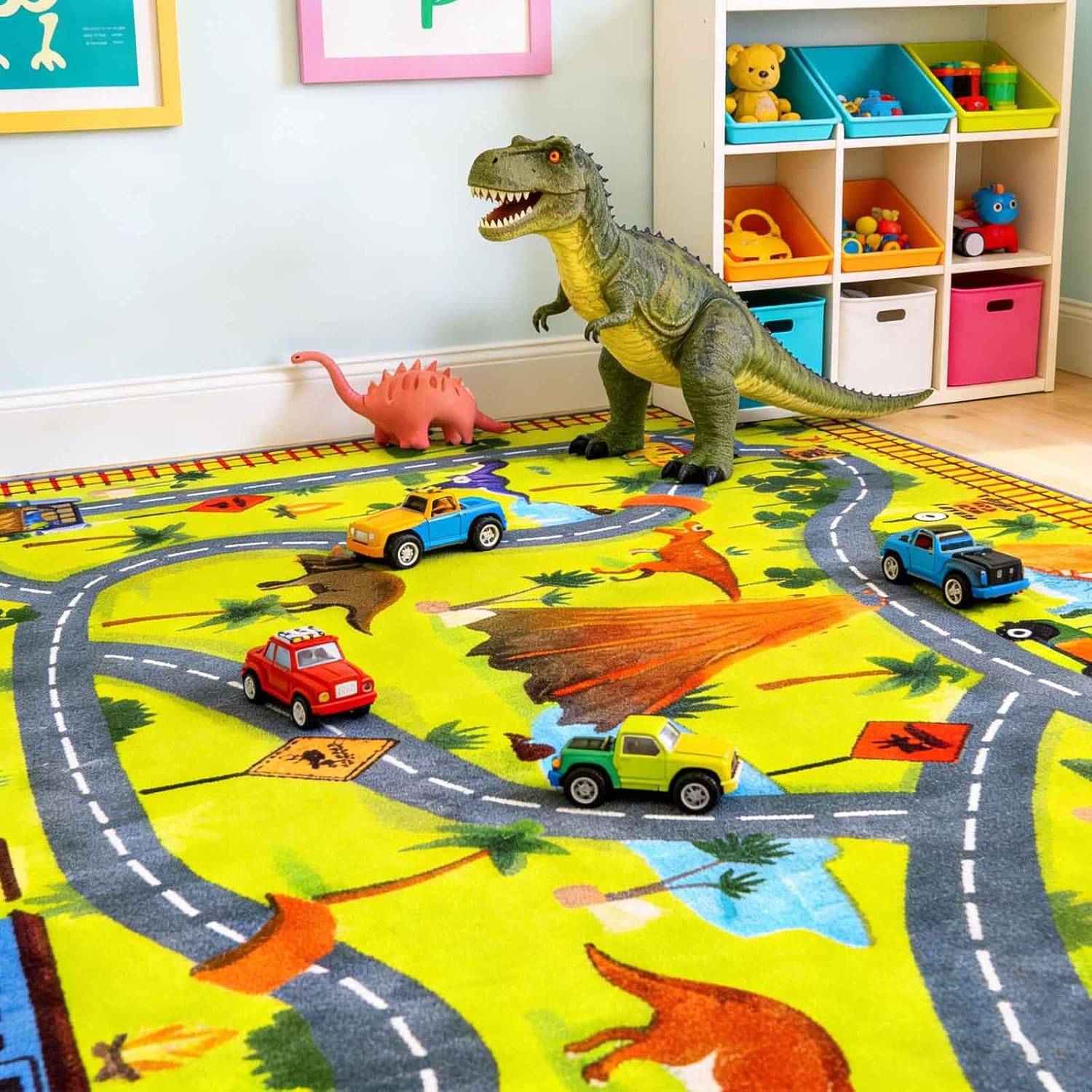 LIVEBOX Dinosaur Kids Play Rug, Washable Jurassic Park Themed Play Mat with Road Tracks, Non-Slip Dino Adventure Educational Car Carpet for Boys Bedroom Playroom (3x5 ft)