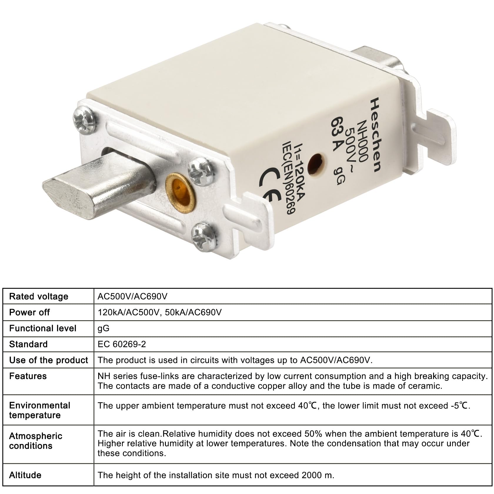 Heschen NH Fusible NH000 63A gG, Indicador Frontal, Detector Combinado, 3 unidades (63A)
