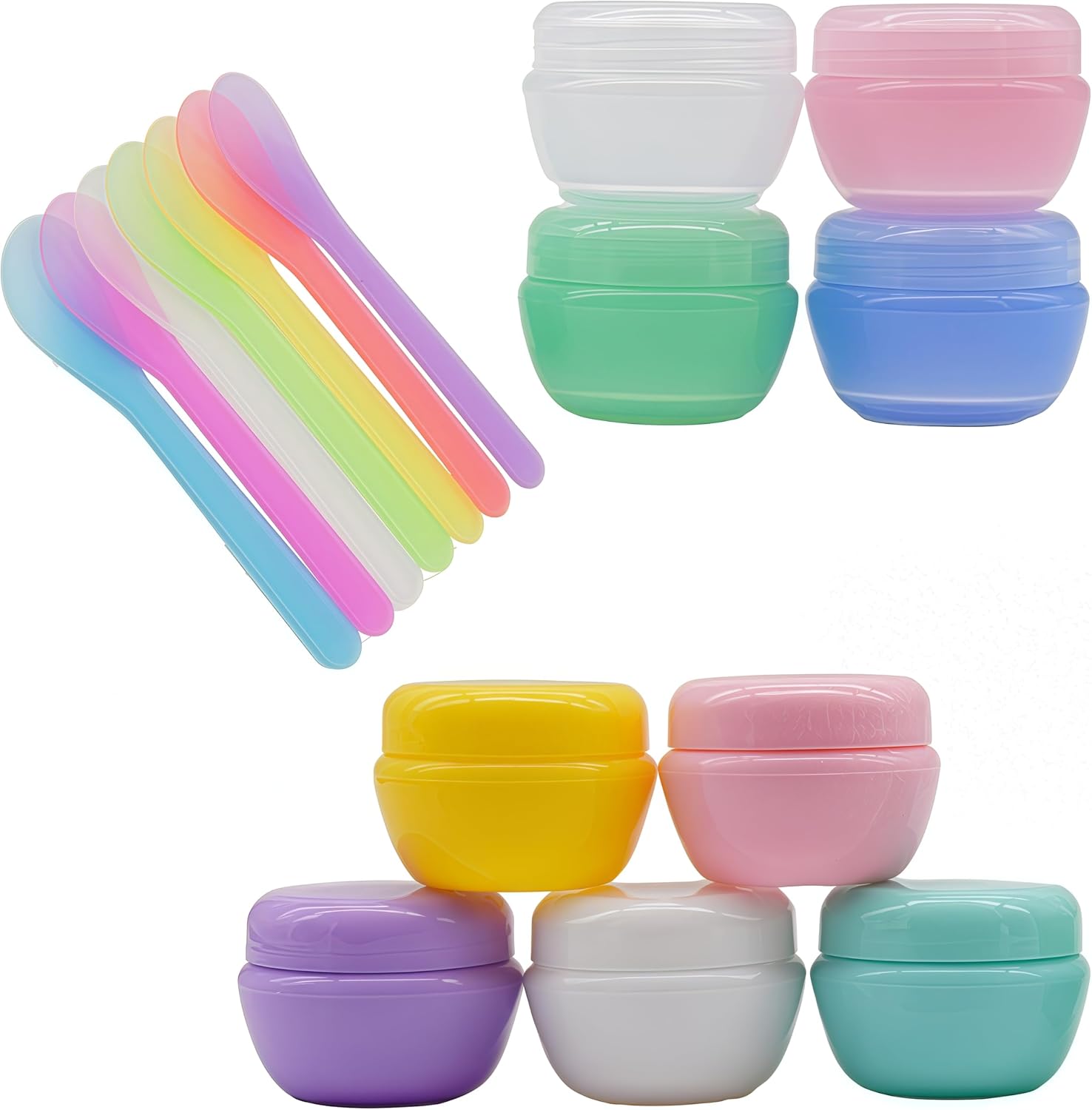 9 Pieces Colorful Travel Accessories Bottlesfor Toiletries 20g Gram Size Cosmetic Jars with Lids,Small Plastic Travel Jars, Plastic Cosmetic Makeup Jars with 7 Pieces Mini Spatulas (MFZG/20g)