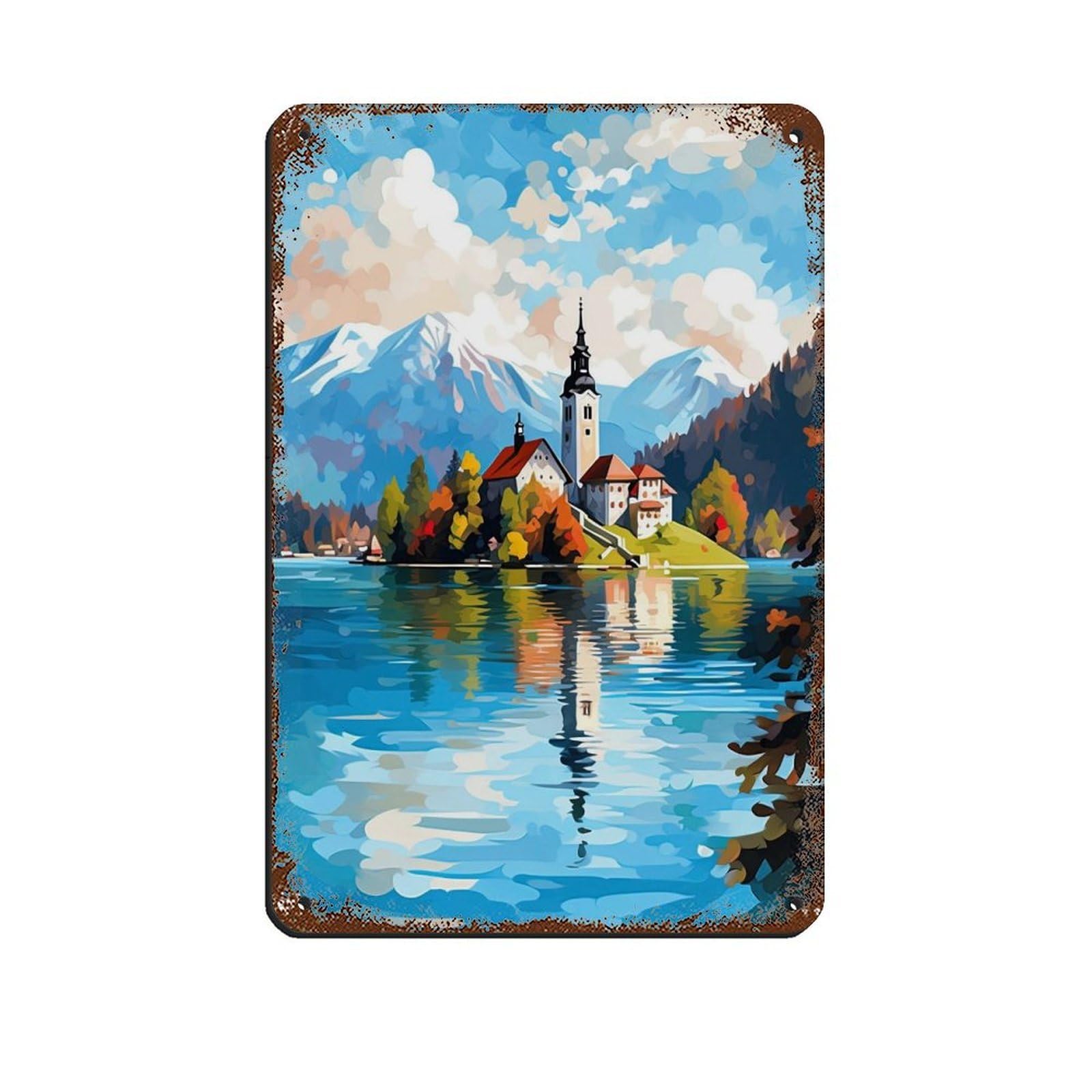 Plaque métal lac de Bled, art mural rétro de qualité