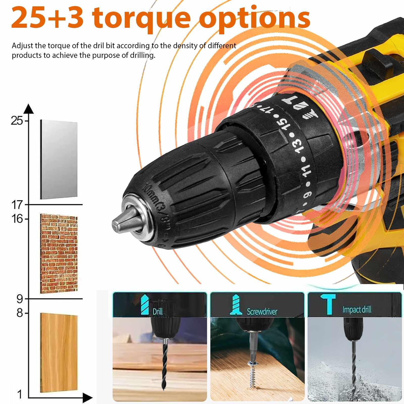 Perceuse Visseuse Sans Fil,18V Visseuse Devisseuse avec 2 Batteries,45Nm Perceuse Percussion,25+3 Réglages de Couple,2 Vitesses,24 Accessoires et Valise,LED Light,pour la Bricolage (2 Batteries)