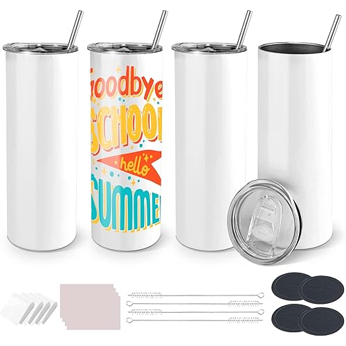 GO2CRAFT Sublimation Tumblers 20oz, Stainless Steel Straight Skinny Tumbler Blanks for Heat Press with Straw, Brush, Shrink Wrap, Sublimation Paper, Perfect Diy Gift For Friends Parents Kids, 4 Pack