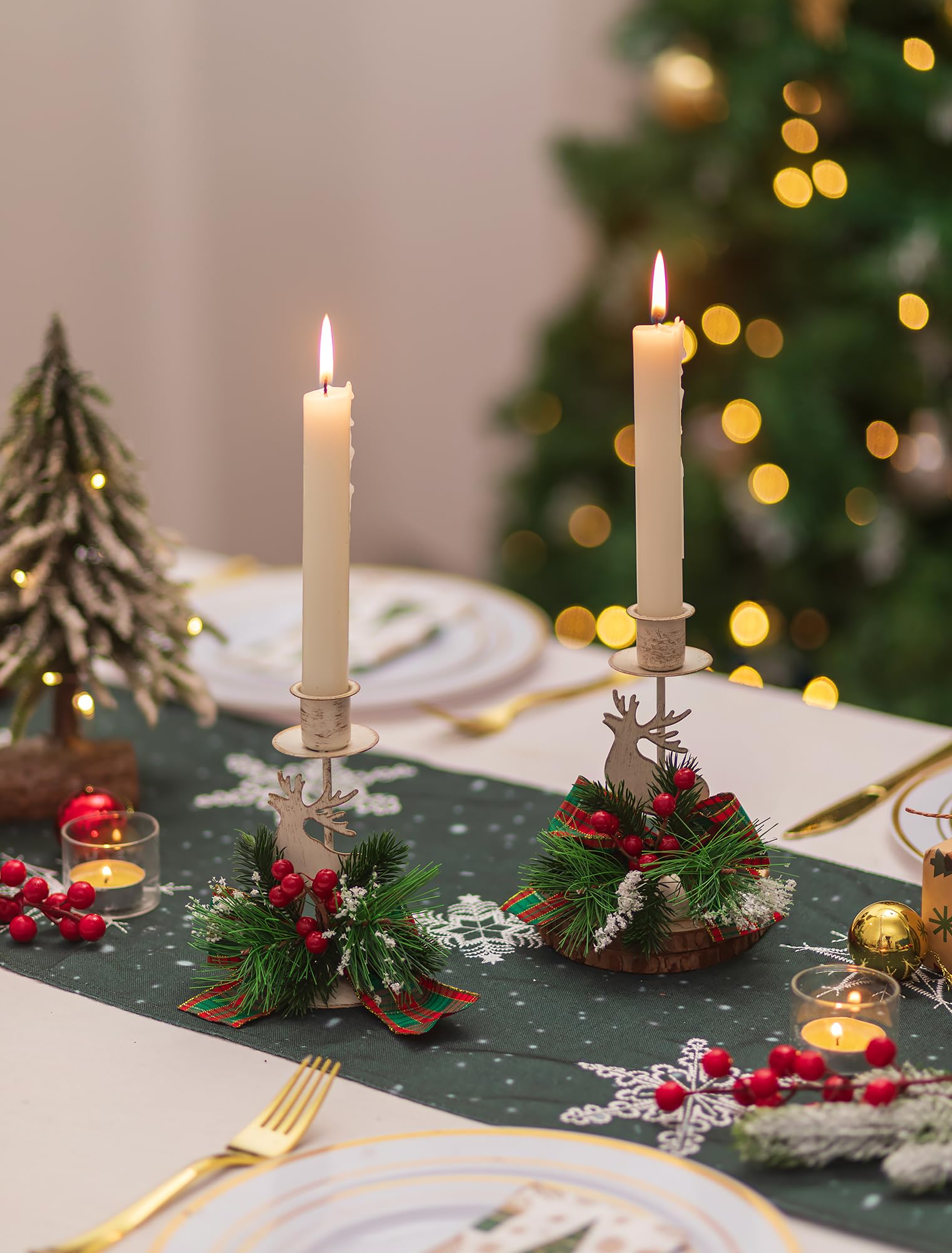 Romadedi Portavelas para decoración navideña: candelabro rústico de reno, centro de mesa de granja, adornos festivos de bayas rojas, decoración del hogar, juego de 24 unidades
