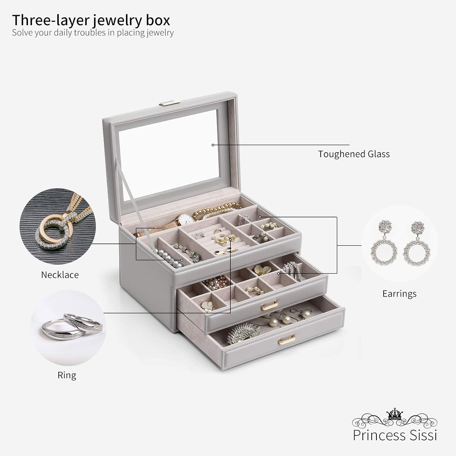 Jewelry Organizer Box for Women, 3 Layer Large Jewelry Boxes with 2 Drawers, Glass Lid Leather Jewelry Storage for Necklaces Earrings Rings Bracelets Watches Travel, Wedding Anniversary Gifts,(Grey) : Clothing, Shoes & Jewelry