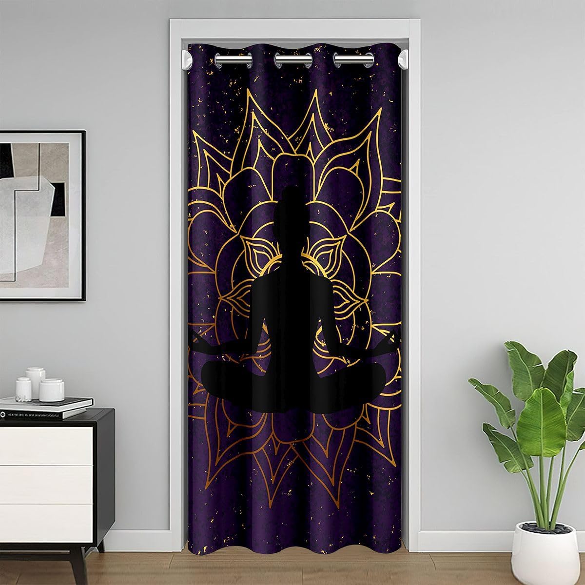 jejeloiu Yoga Door Curtain for Doorway Privacy for Girls Adults Boho Mandala Insulated Thermal Curtain Purple Galaxy Closet Cover Chic Golden Bohemian Zen Spiritual Window Treatments 52"x80"