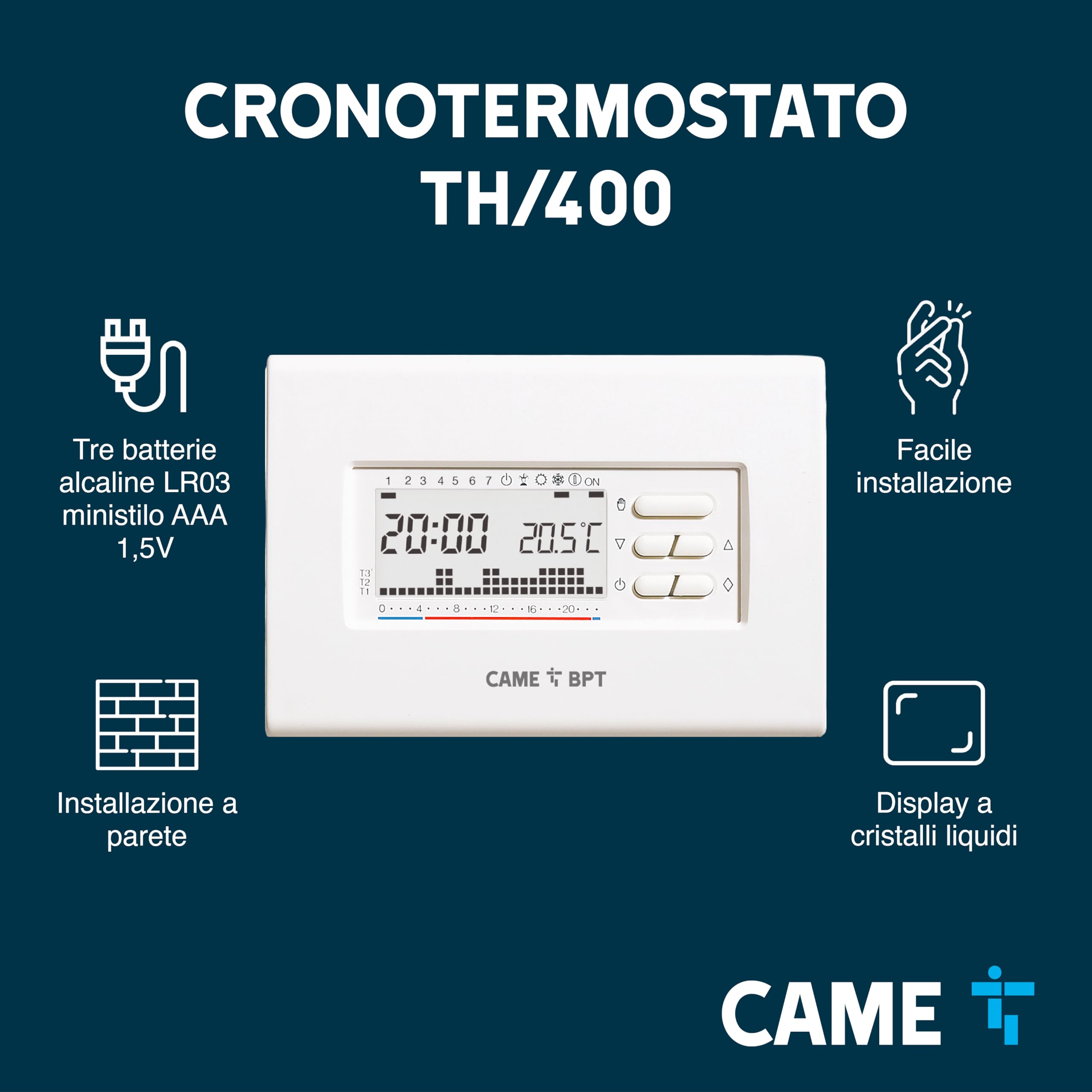 CAME TH/400 BB Cronotermostato digitale settimanale a parete colore bianco con alimentazione a tre batterie da 1,5V per un controllo semplice e affidabile della temperatura