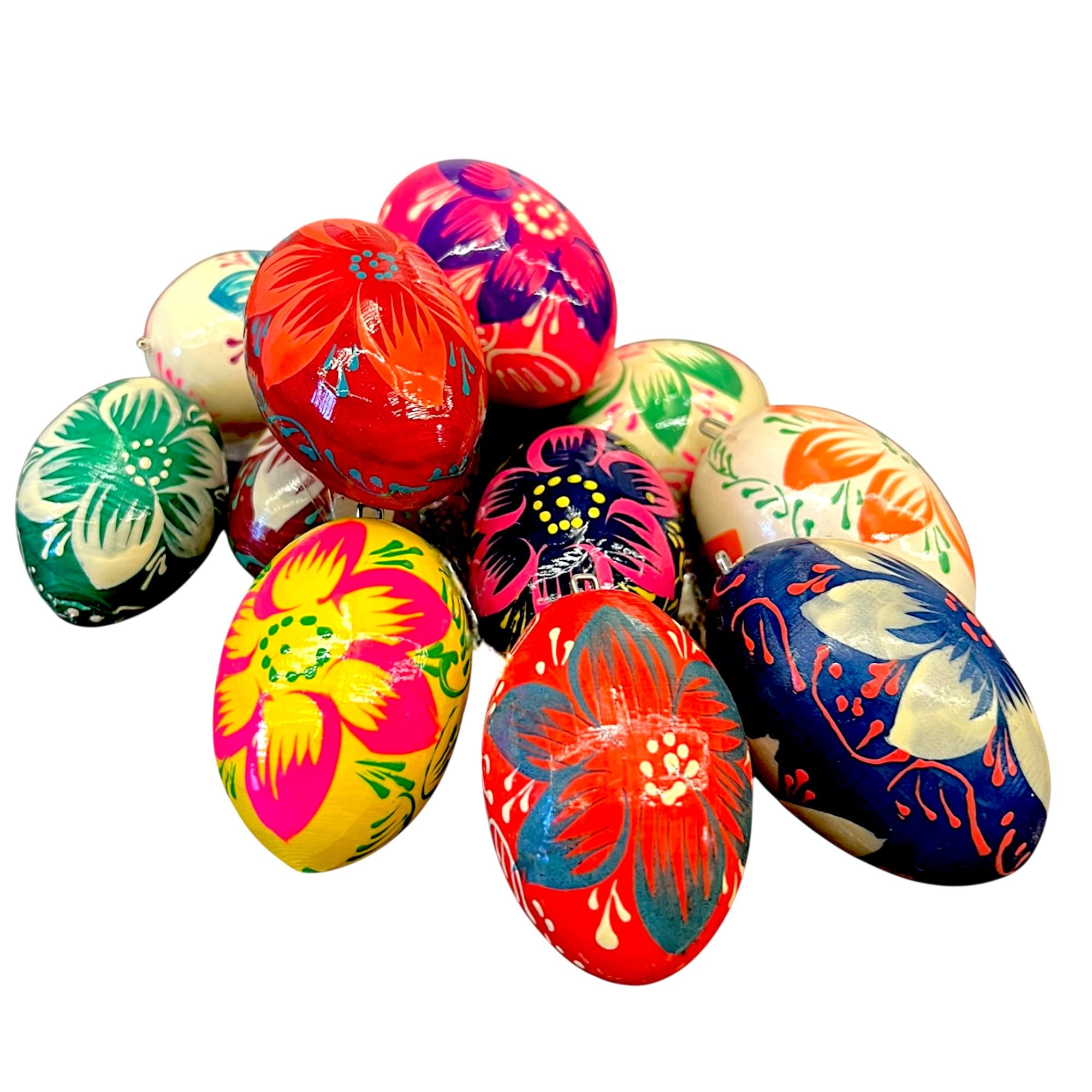 Ukrainisches Kunsthandwerk Handbemalte Ostereier aus Holz – 12er Set Blumenmotive – Osterdeko zum Aufhängen min Metallöse