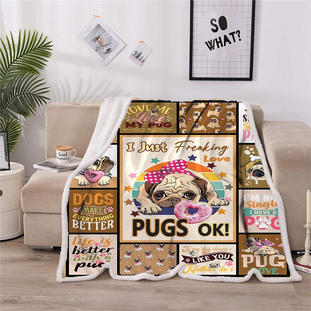 Pug Blanket for Women and Kids - Soft Plush Dog Gift for Pug Lovers - Cute Print for Living Room, Bed, Sofa, Couch - 60"x50"