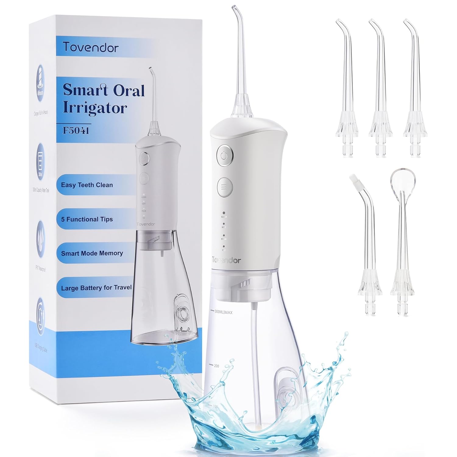 TOVENDOR Water Dental Flosser Rechargeable Dental Oral Irrigator 3 Modes 5 Tips for Teeth Cleaning Family Oral Health