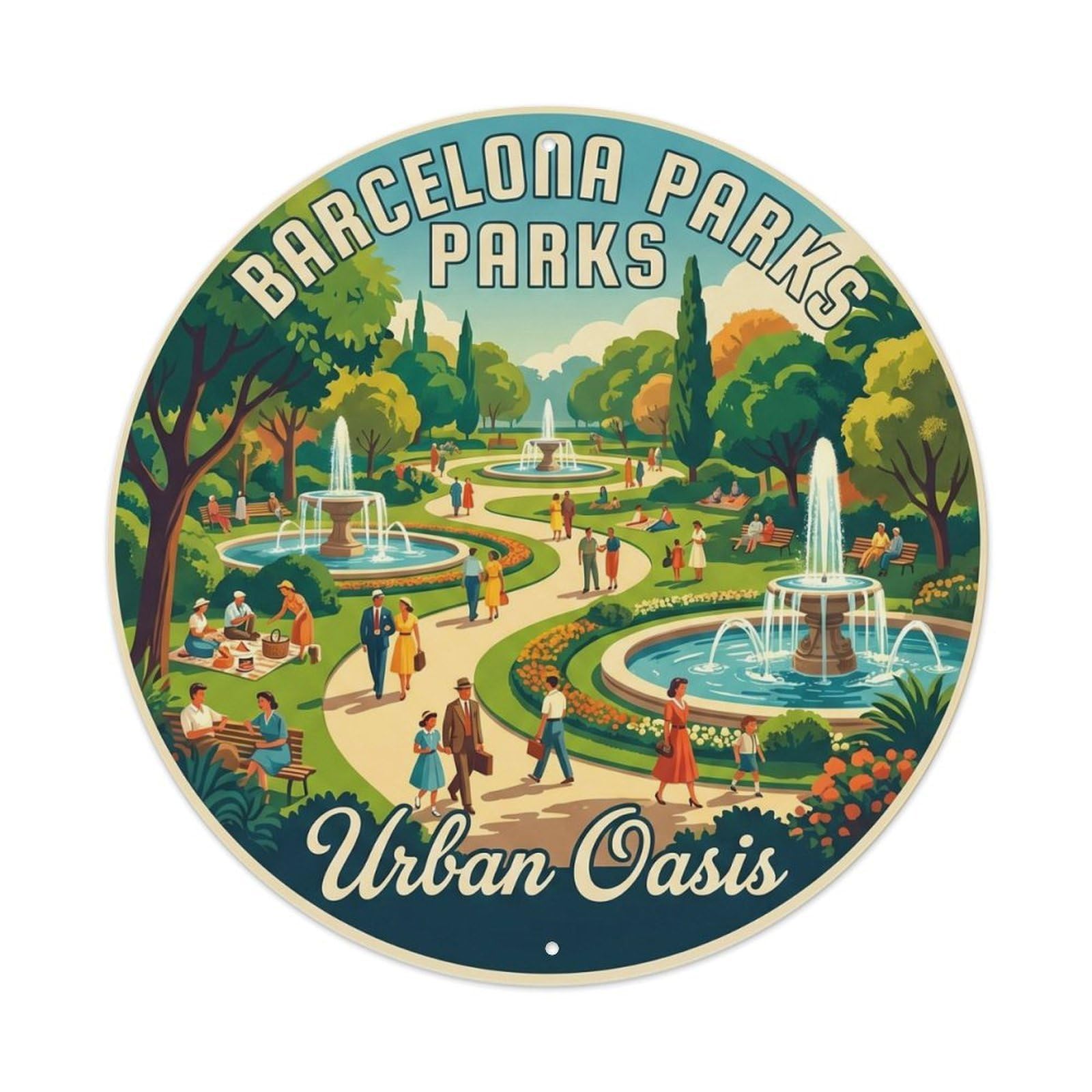 Vintage Barcelona Park Catalan Greenery Spanish Culture Metal Tin Sign Plaque Wall Decor for Cafe, Man Cave, Club Bar, Office, Home Garden Round Metal Poster 8x8Inch