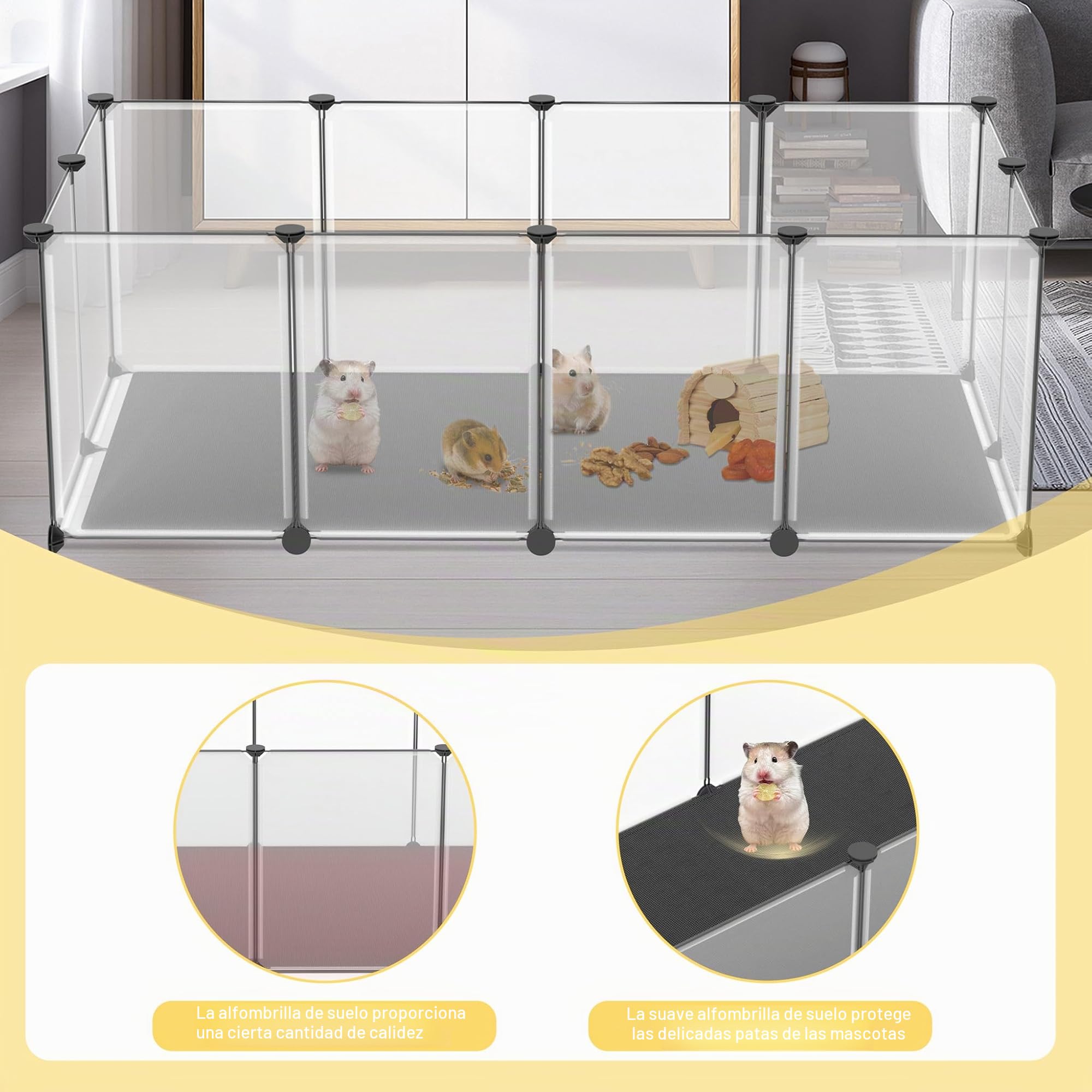 UISEBRT Recinto con placas de suelo y alfombra impermeable, juego de 12 piezas, corral modular, 143×73×46 cm – para animales pequeños y cachorros, caja para perros, jaula para conejos, recinto para