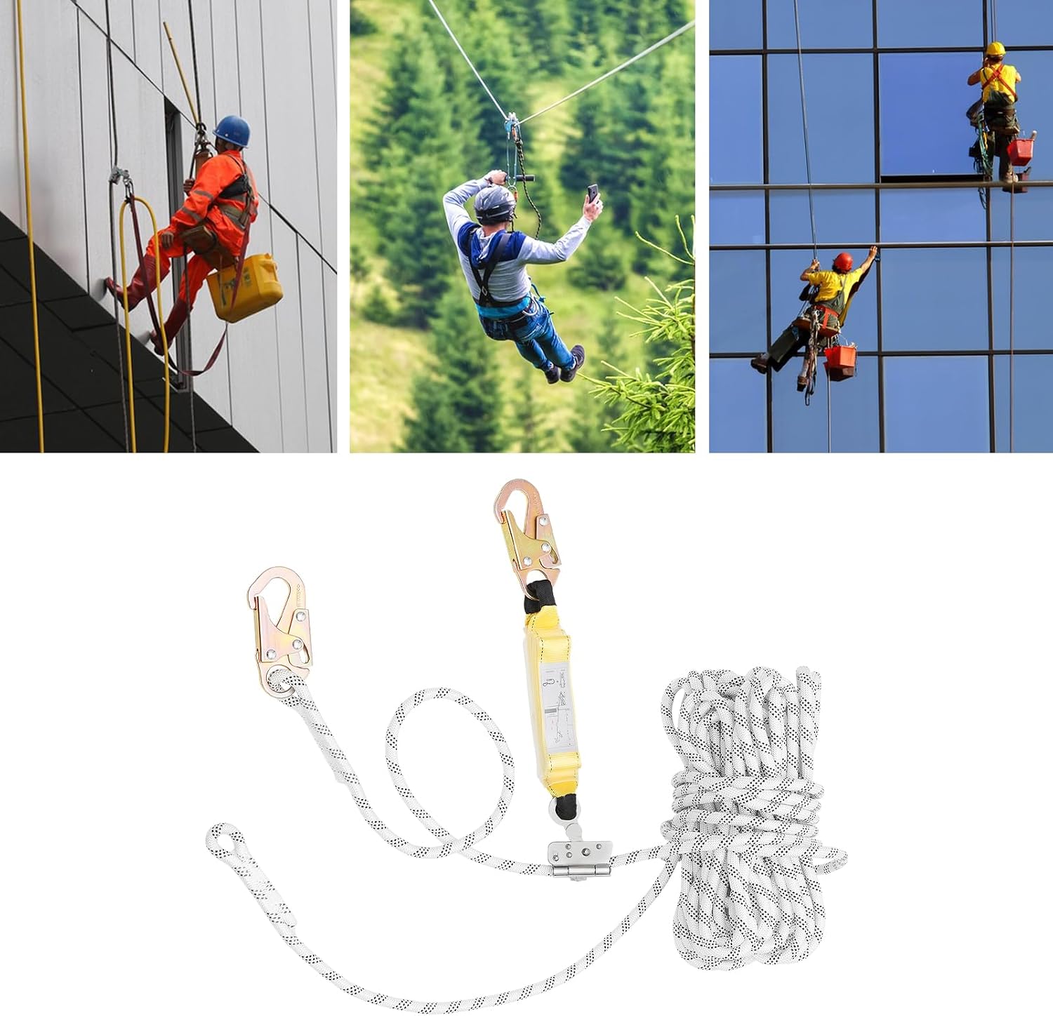 Vertical Lifeline Assembly,100ft Fall Protection Rope, Polyester Roofing Rope with Alloy Steel Rope Grab, Two Snap Hooks, Shock Absorber for Roofing, Climbing, Logging, Inspections
