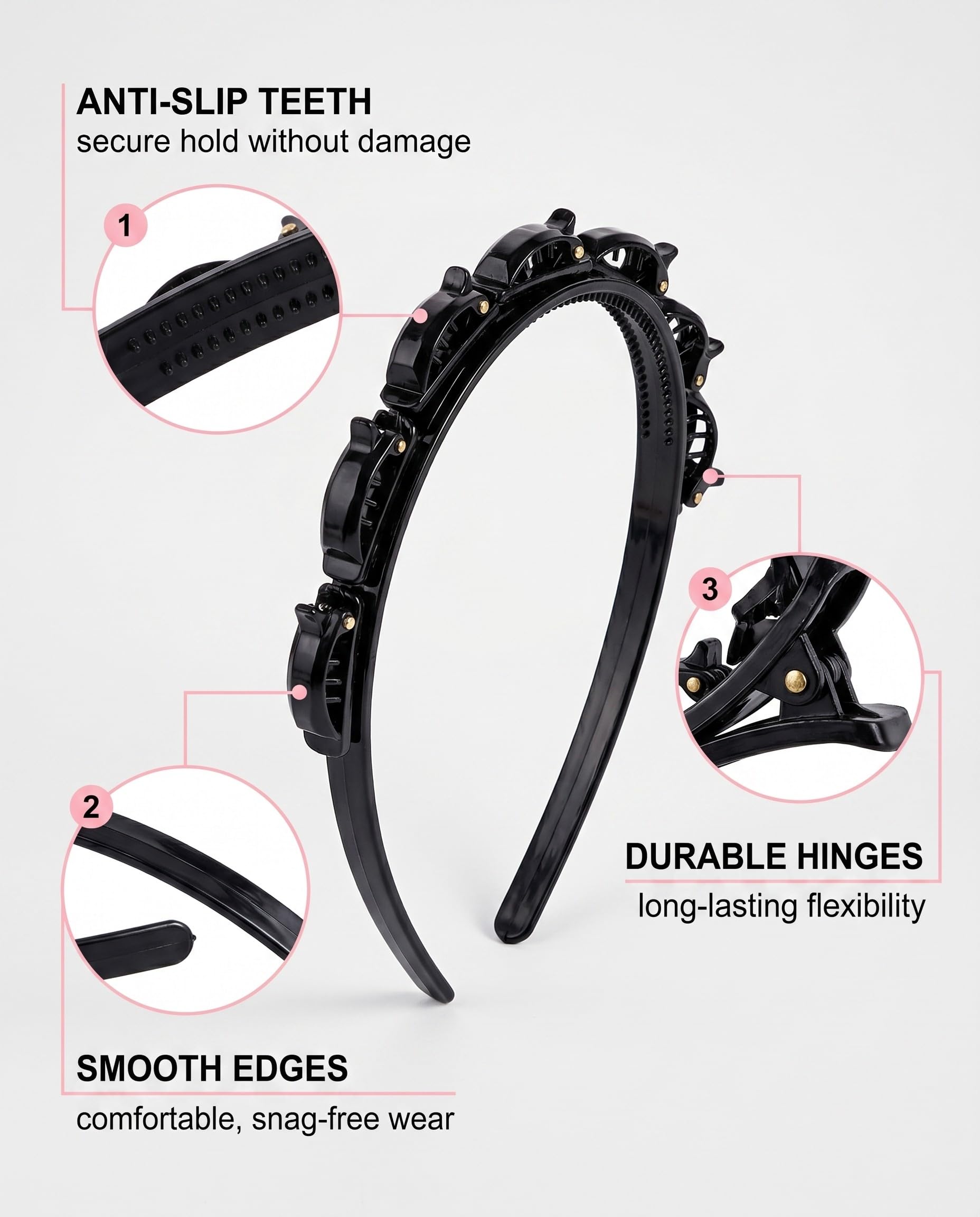 Set 4pz Cerchietto con Clip Doppia Strato & Elastici per Capelli. Fermagli Antiscivolo per Frangia, Aiuto Trecce, Stili Donna.