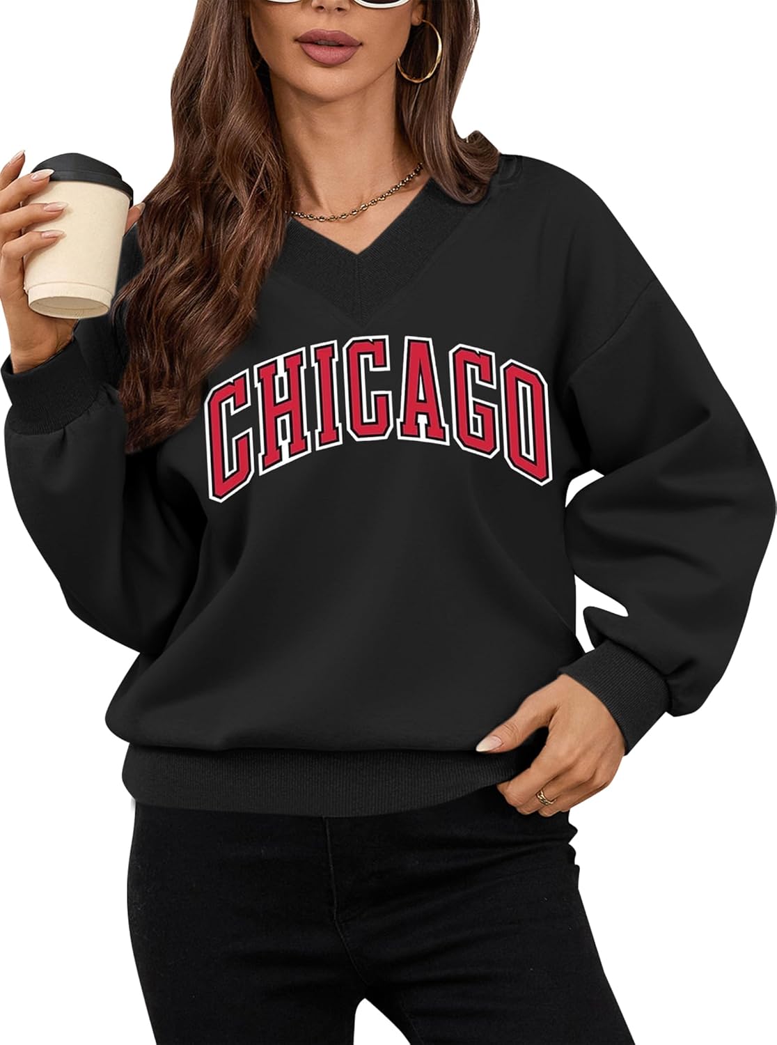 Avanova Women USA Graphic V Neck Sweatshirts Top Drop Shoulder Long Sleeve Pullover Shirt - Image 5