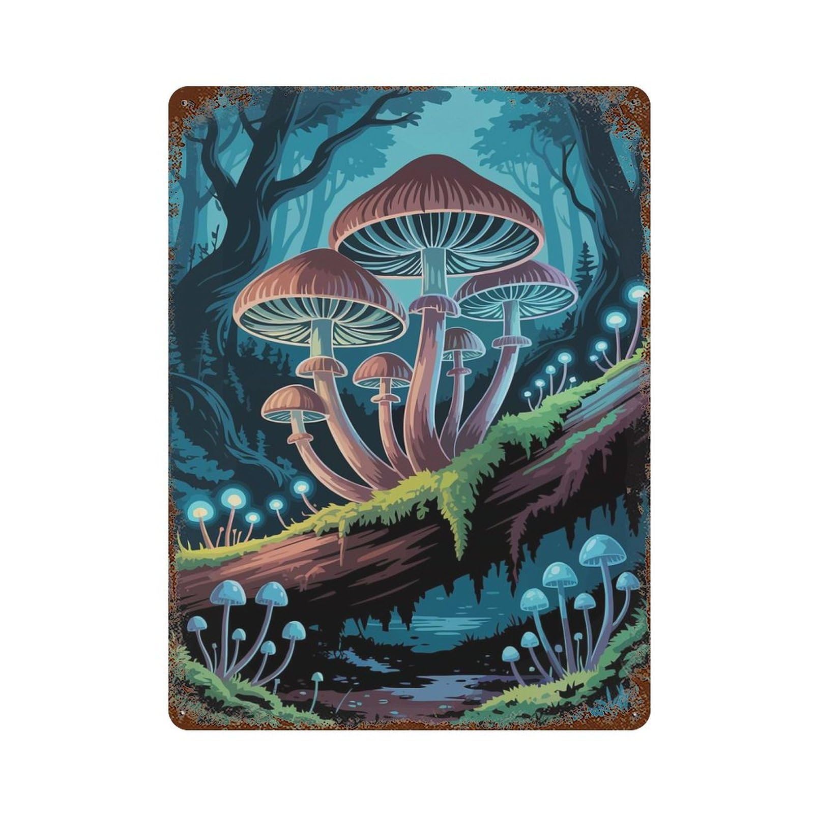 Mystical Mushroom Forest Illustration Vintage Rust Metal Sign 15.7"x11.8", Classic Wall Plaque for Basement, Hobby Room And Garage Decor