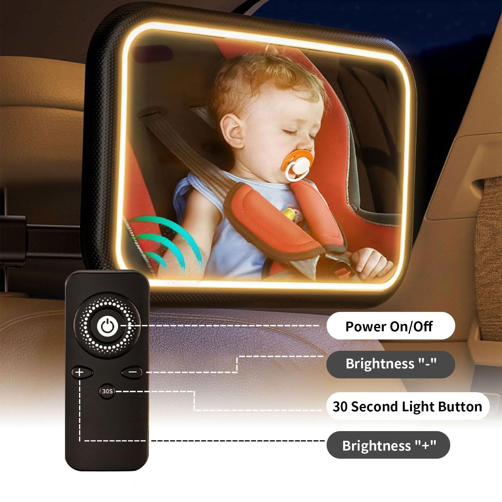 Specchio per auto con luce a 360° con telecomando per specchietto retrovisore per auto, sedile posteriore con clip in metallo per neonato + 2 adesivi Baby on Board e 2 ganci per poggiatesta