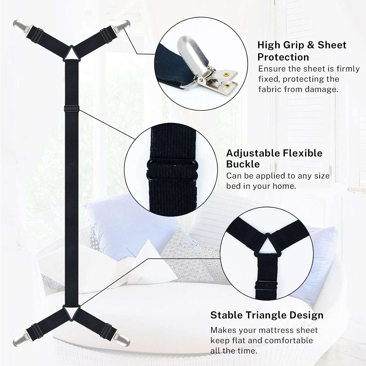 SCYROX Bed Sheet Fasteners, Upgraded Bed Sheet Holder Strap Suspenders, 4 pcs/Set Black & Elastic Crisscross Bed Sheet Fasteners Suspenders for Twin, Full, Queen, King Twin Bed, 2 pcs Black : Home & Kitchen