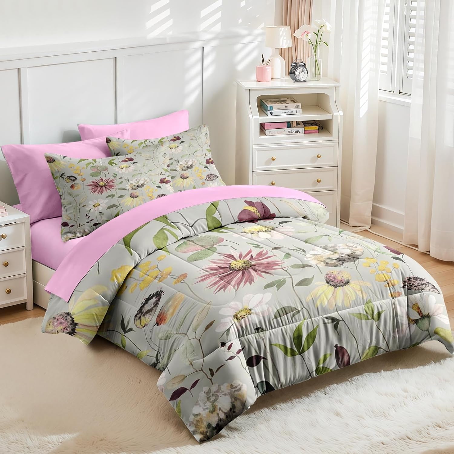 Nesker 7 Pcs Comforter Set Queen Size, Flower Summer Spring Bedding Set for Kids and Adults, Wildflower Vintage Floral Bed Sheet Sets with Fitted Sheet 2 Pillowcases & 2 Shams