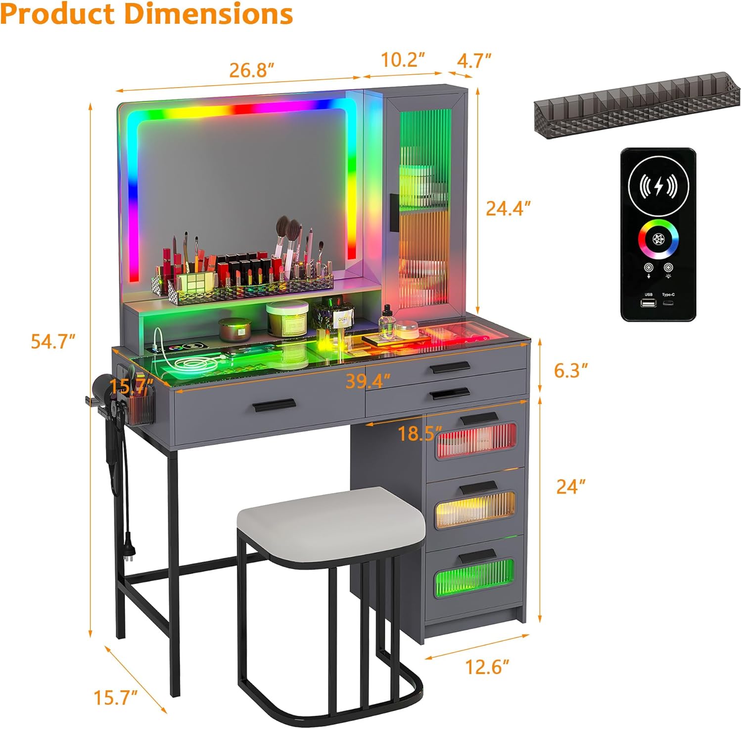Vanity Desk with Mirror and RGB LED Lights, 39.5" Glass Top Makeup Vanity with 6 Drawers and Wireless/USB/Type-C Charging, Makeup Dressing Table with Stool (Grey)