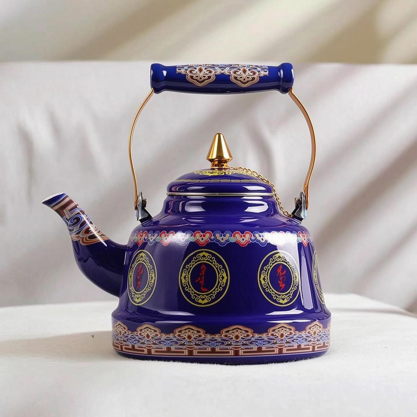 perfeclan Tetera de Esmalte Hervidor Jarra Recipiente para Bebidas con Mongoles y Dorados Cuerpo Amplio y Vertido Estable Adecuada para Infusiones Servicio de, 1.7 Litros
