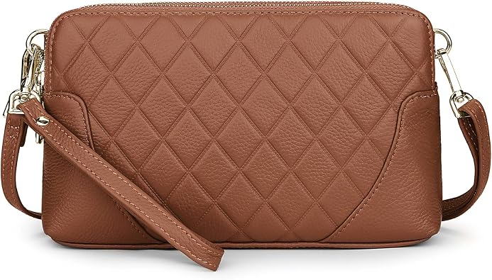 YALUXE Womens Wristlet Real Leather Quilted double zippers Large Clutch Wallet Shoulder Strap