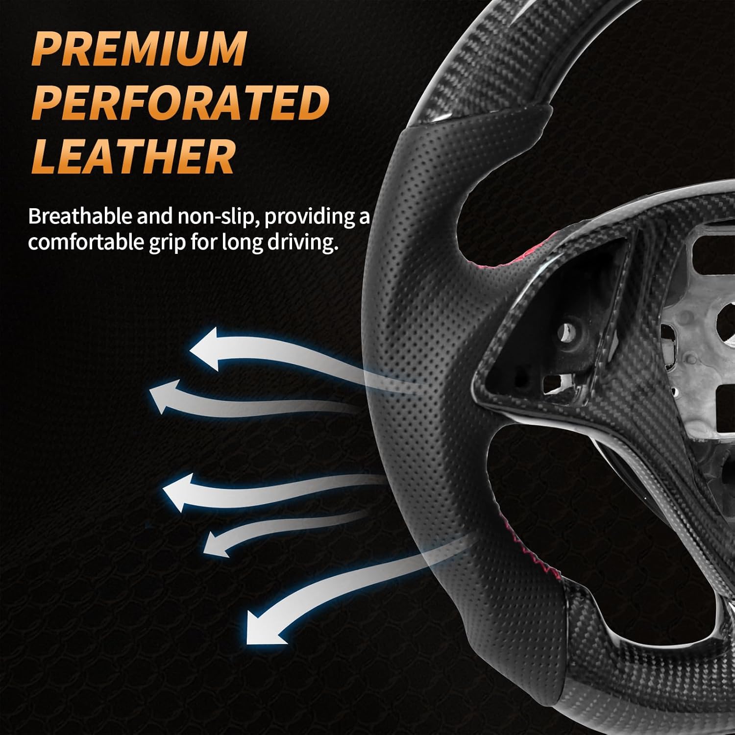 Carbon Fiber Steering Wheel for Chevrolet Corvette C7 2014-2019 Z06 ZR1,D-shaped Flat-bottom Perforated Leather Grip with Replacement Trim,Red Stripe & Stitching